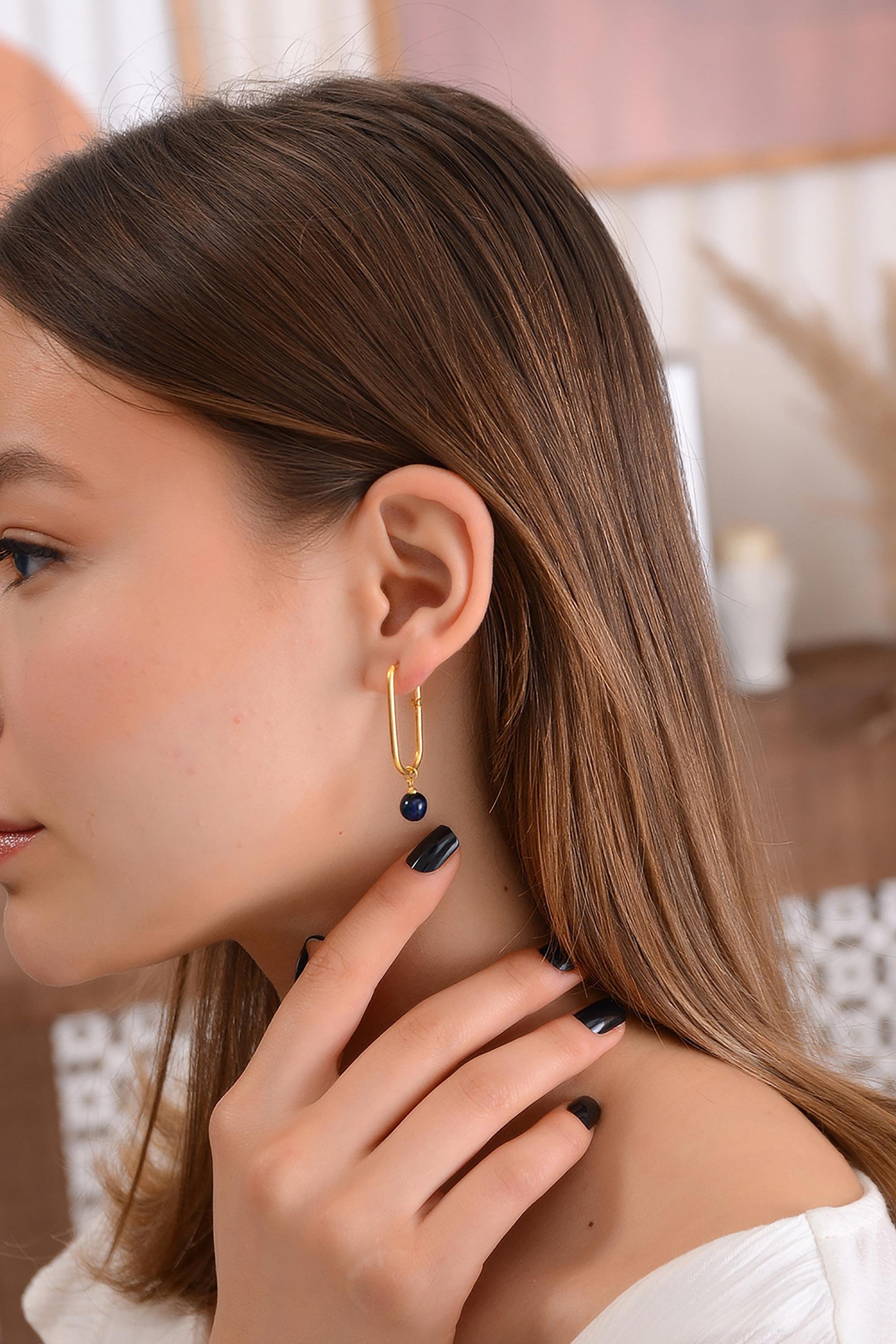 Altın Kaplama 925 Ayar Gümüş Mavi Kehribar Küpe