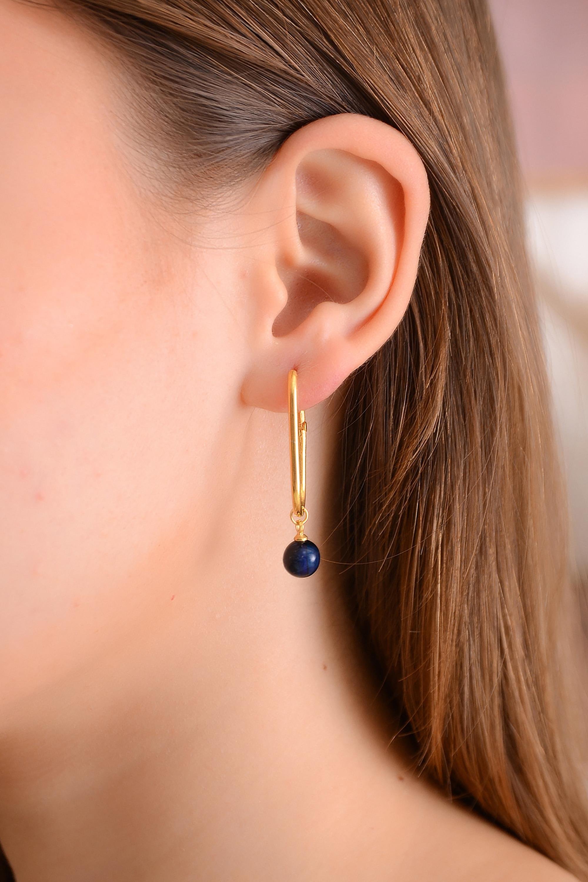 Altın Kaplama 925 Ayar Gümüş Mavi Kehribar Küpe