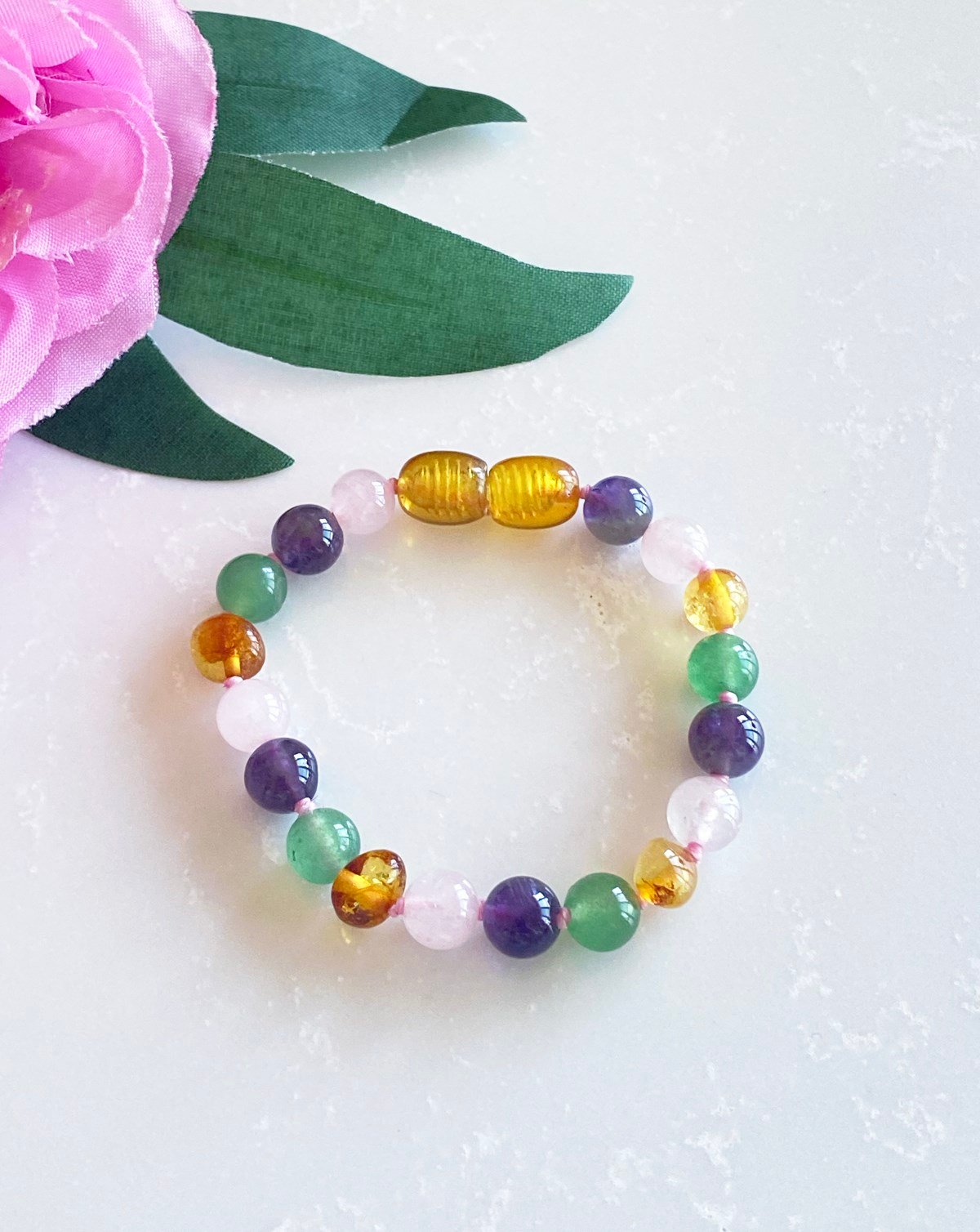 Ametist Quartz Aventurin Taşlı Bal Rengi Kehribar Bileklik