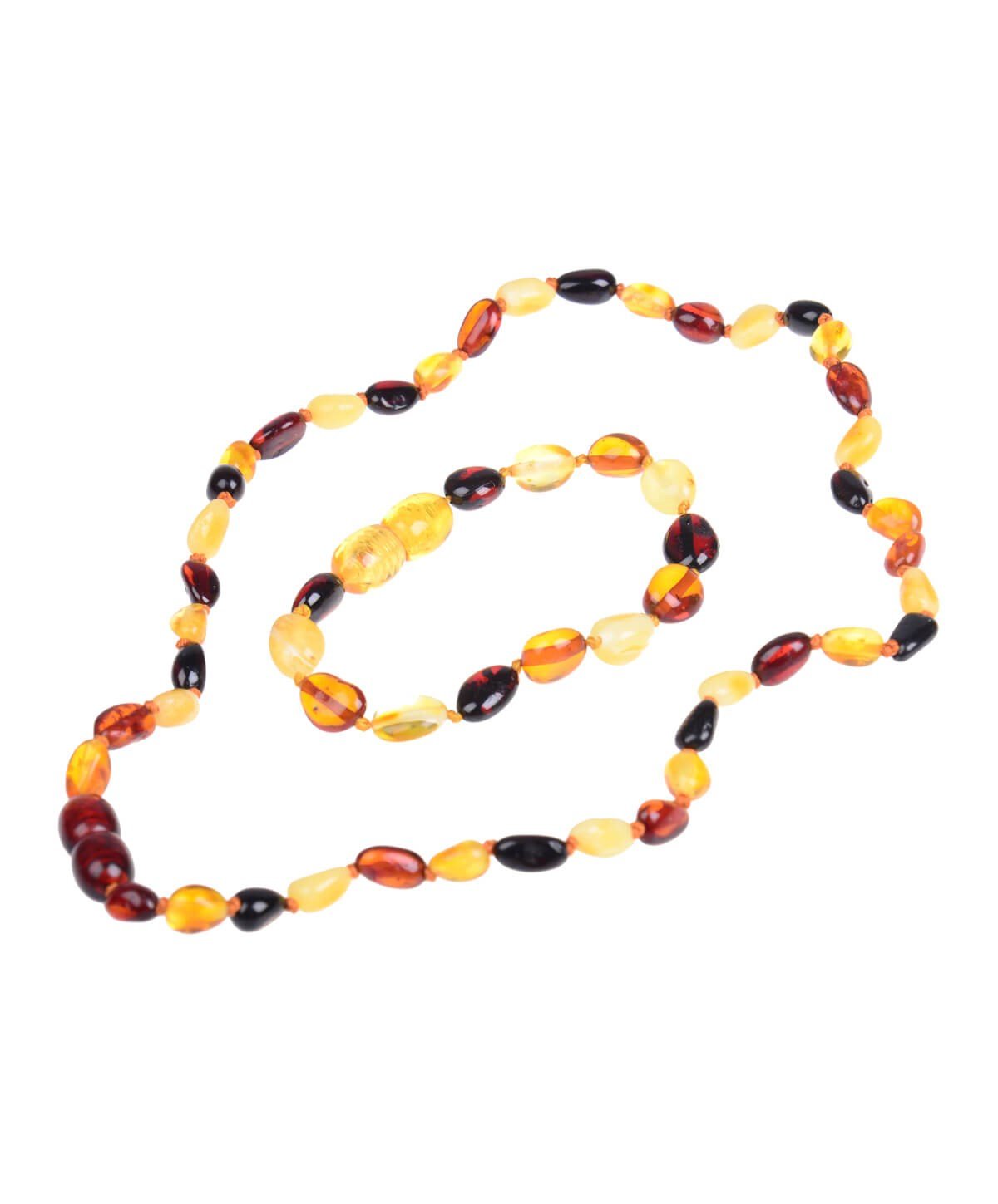 Çok Renkli Yassı Kehribar Kolye ve Kehribar Bileklik Seti