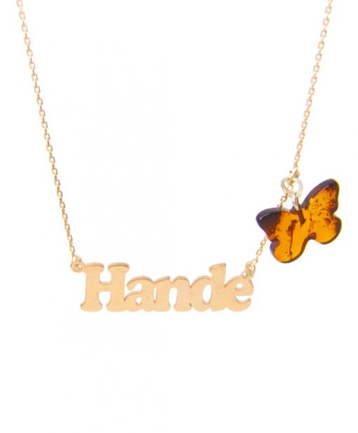 Gümüş İsimli Kişiye Özel Kelebek Kehribar Kolye