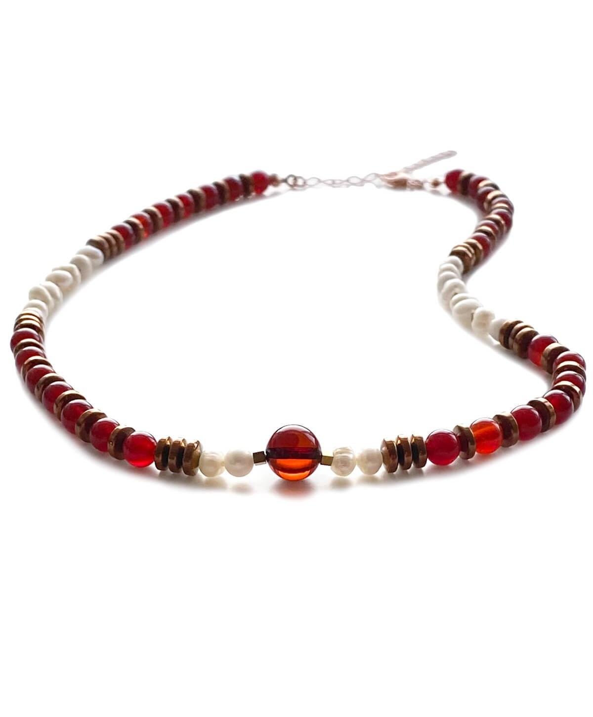 İnci Kırmızı Akik Hematit Taşlı Vişne Rengi Kehribar Kolye