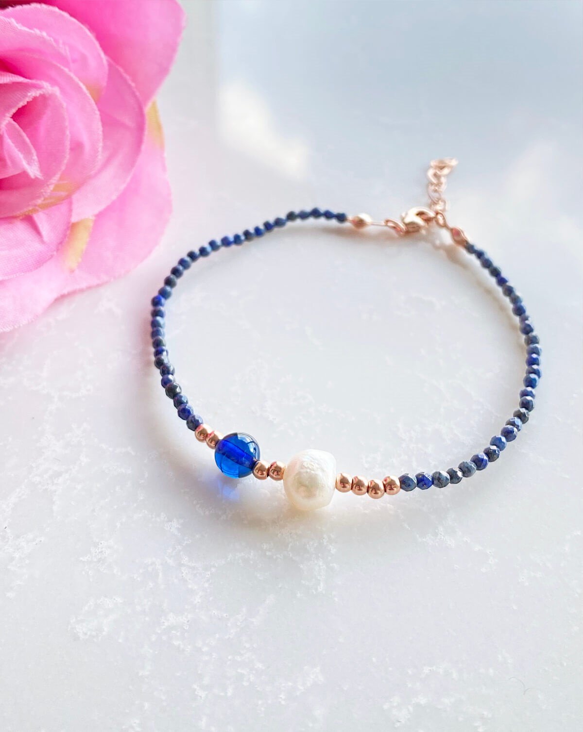 İnci Lapis Taşlı Mavi Kehribar Bileklik