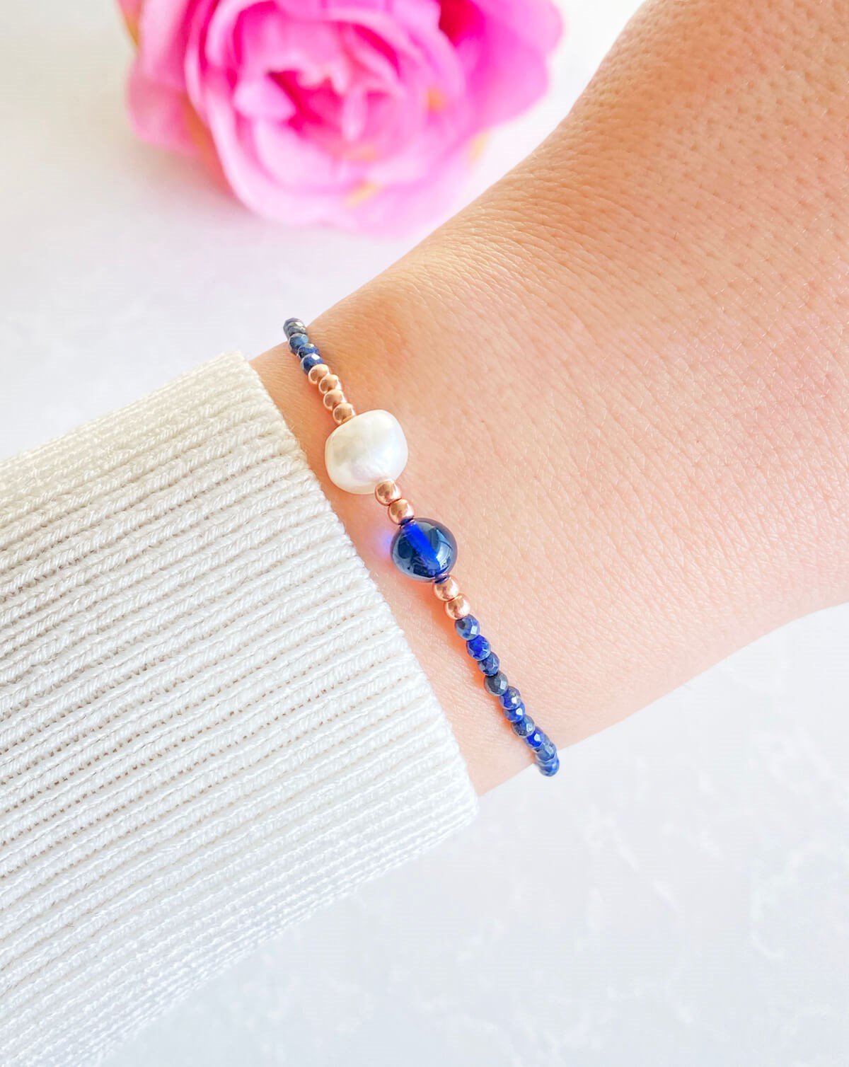 İnci Lapis Taşlı Mavi Kehribar Bileklik