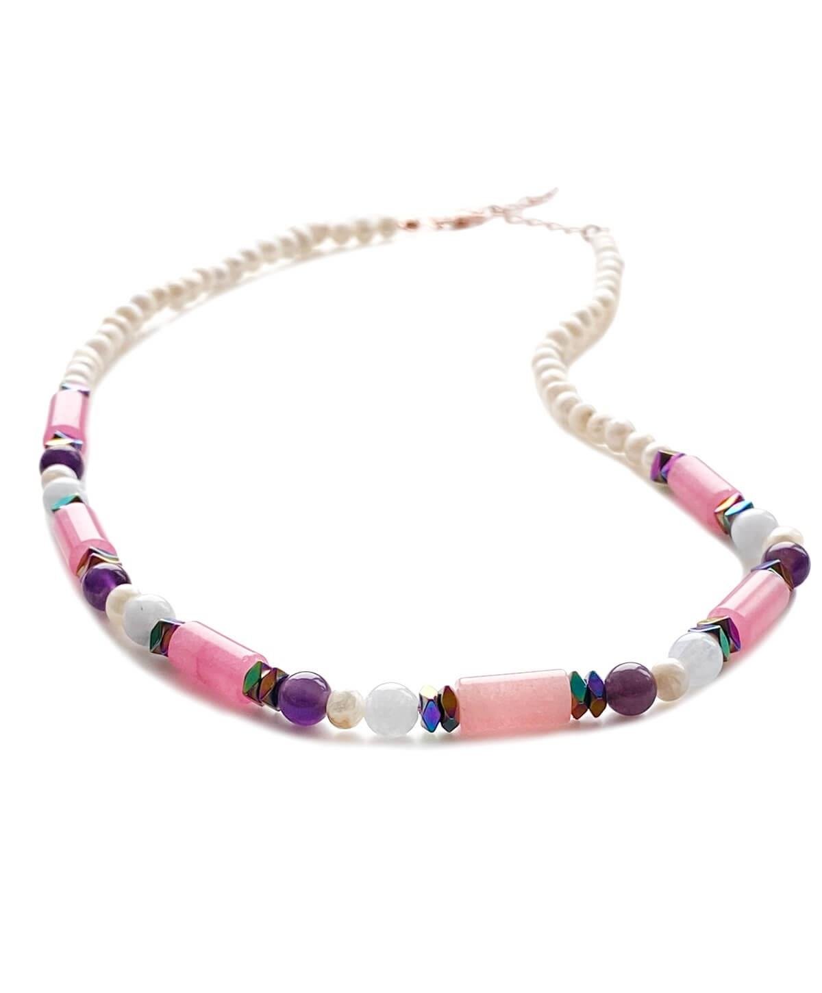 İnci Pembe Quartz Akuamarin Ametist Hematit Taşlı Doğal Taş Kolye