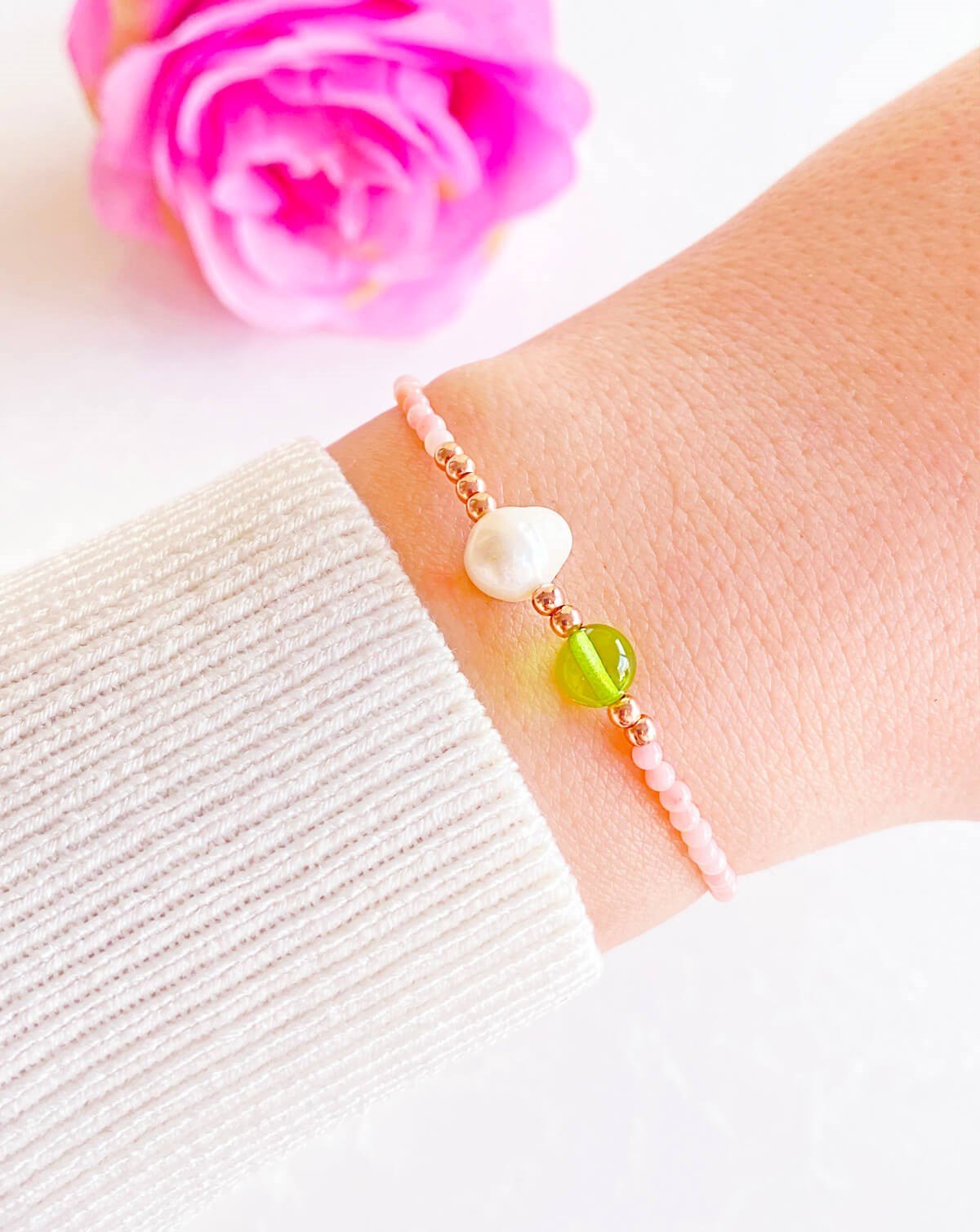 İnci Quartz Taşlı Yeşil Kehribar Bileklik