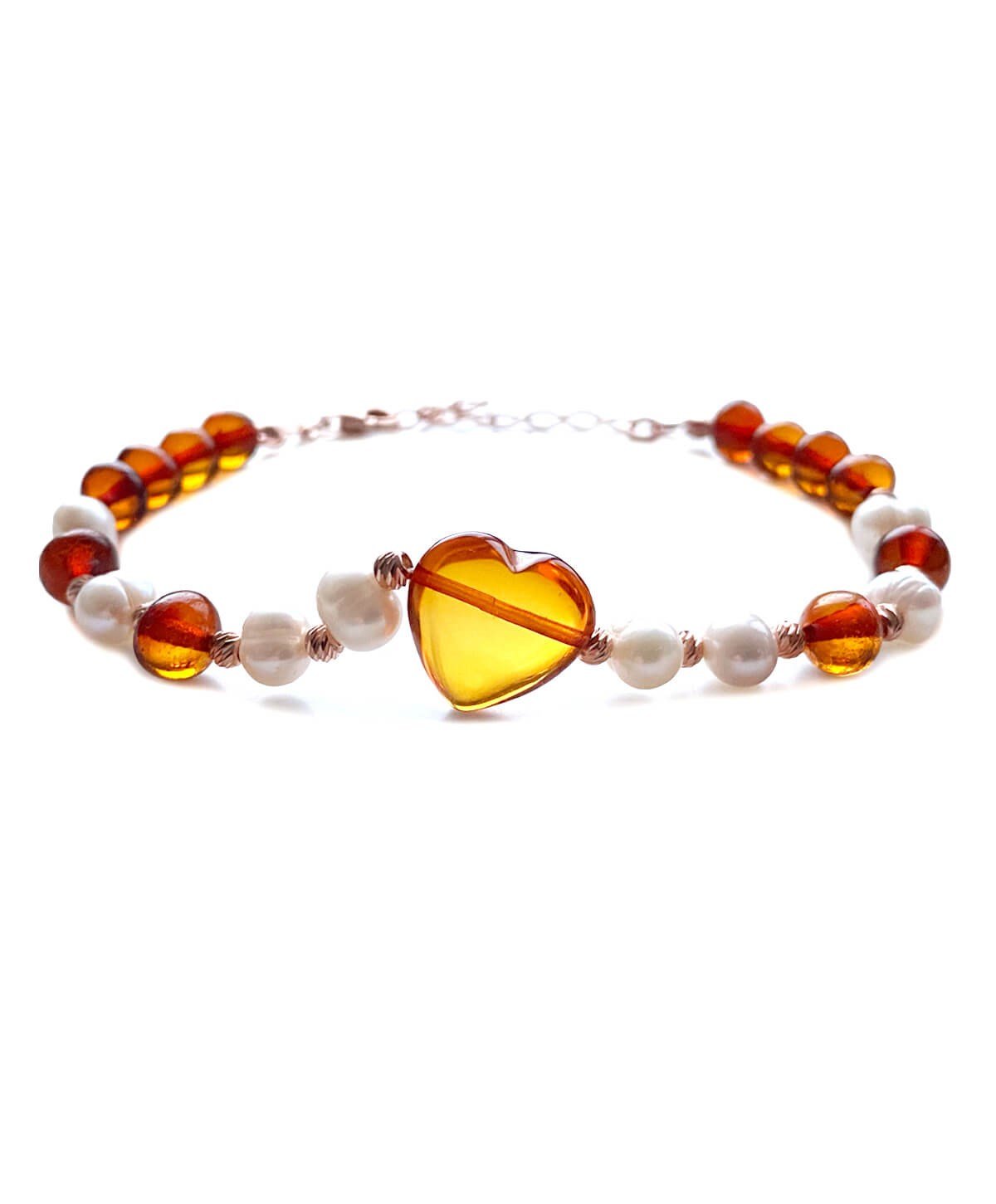 İnci Taşlı Karamel Rengi Kelebek Kehribar Bileklik