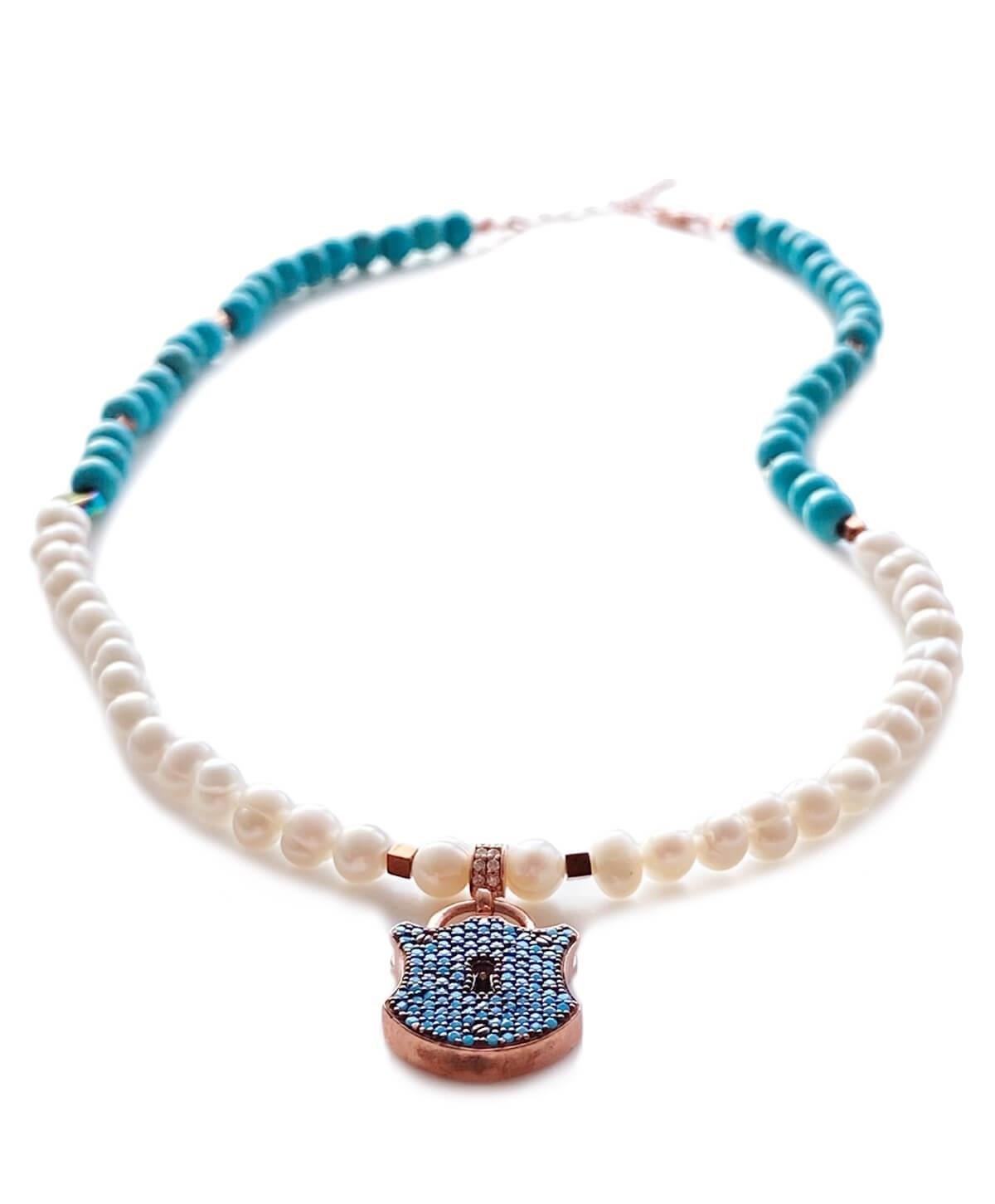 İnci Turkuaz Hematit Taşlı Kilit Gümüş Kolye