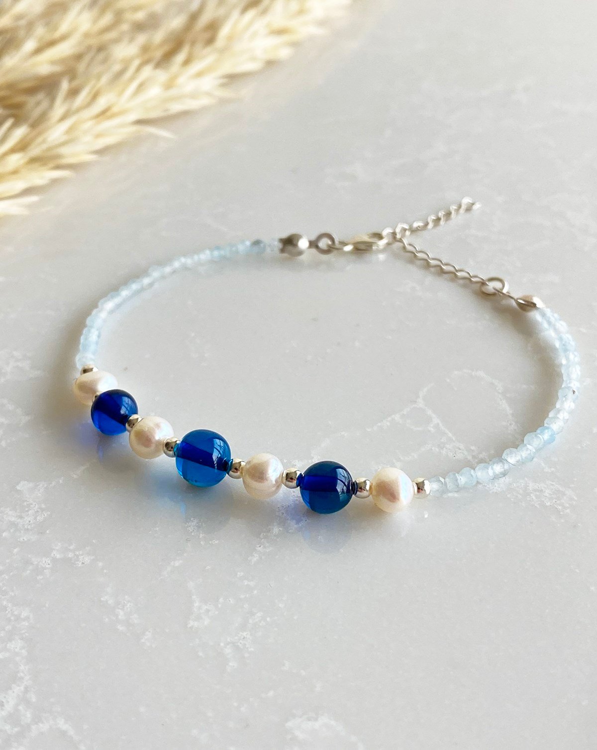 İnci Turkuaz Taşlı Mavi Kehribar Bileklik