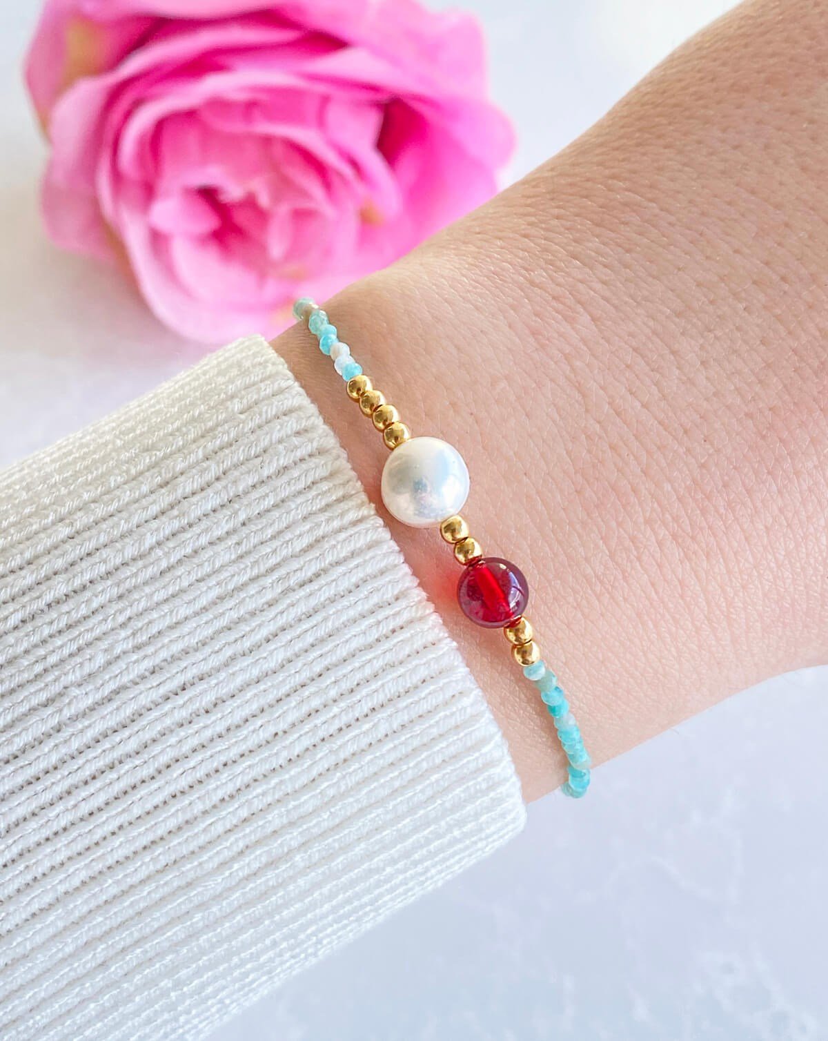 İnci Turkuaz Taşlı Vişne Rengi Kehribar Bileklik
