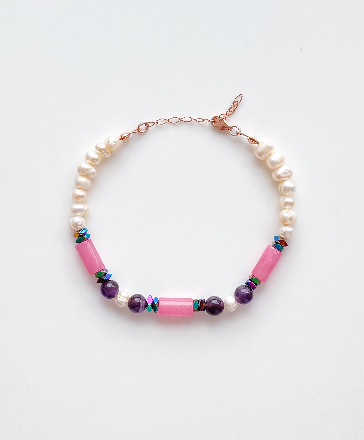 İnci Pembe Quartz Akuamarin Ametist Hematit Taşlı Doğal Taş Bileklik