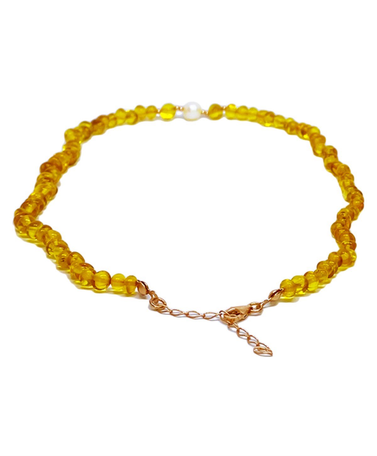 İnci Taşlı Gümüş Zincirli Bal Rengi Anne Kehribar Kolye