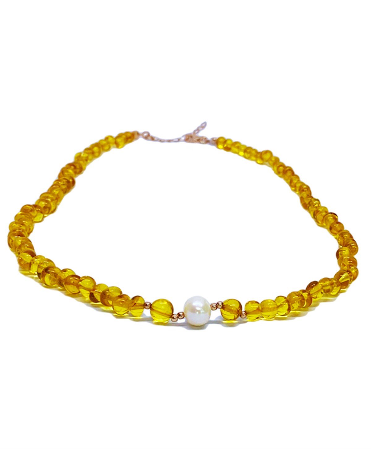 İnci Taşlı Gümüş Zincirli Bal Rengi Anne Kehribar Kolye