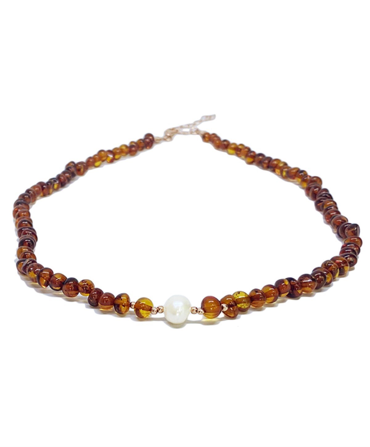 İnci Taşlı Gümüş Zincirli Karamel Rengi Anne Kehribar Kolye