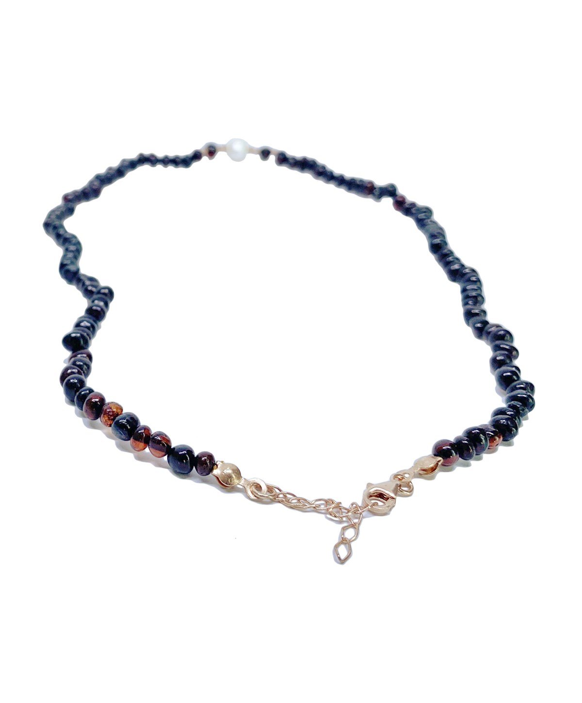 İnci Taşlı Gümüş Zincirli Vişne Rengi Anne Kehribar Kolye