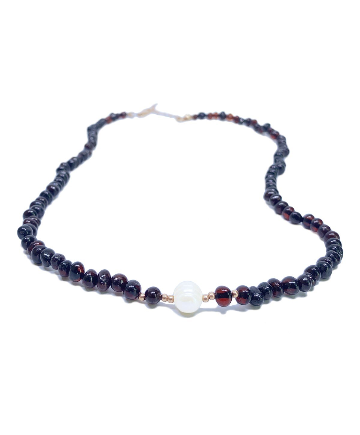 İnci Taşlı Gümüş Zincirli Vişne Rengi Anne Kehribar Kolye