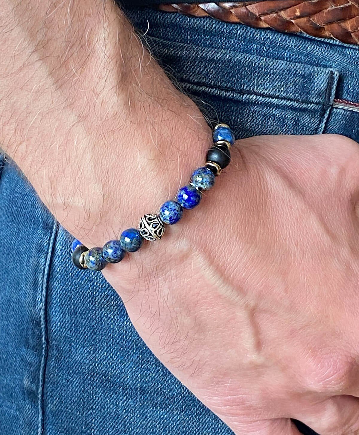 Mat Onyx Lapis Hematit Taşlı Gümüş Detaylı Doğal Taş Bileklik