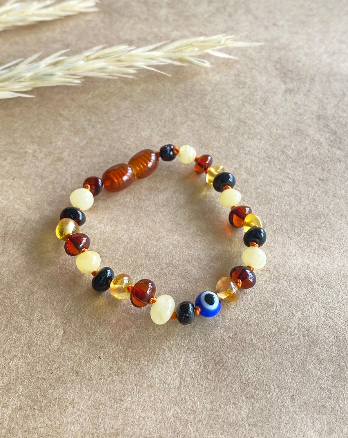 Nazar Boncuklu Çok Renkli Kehribar Bileklik