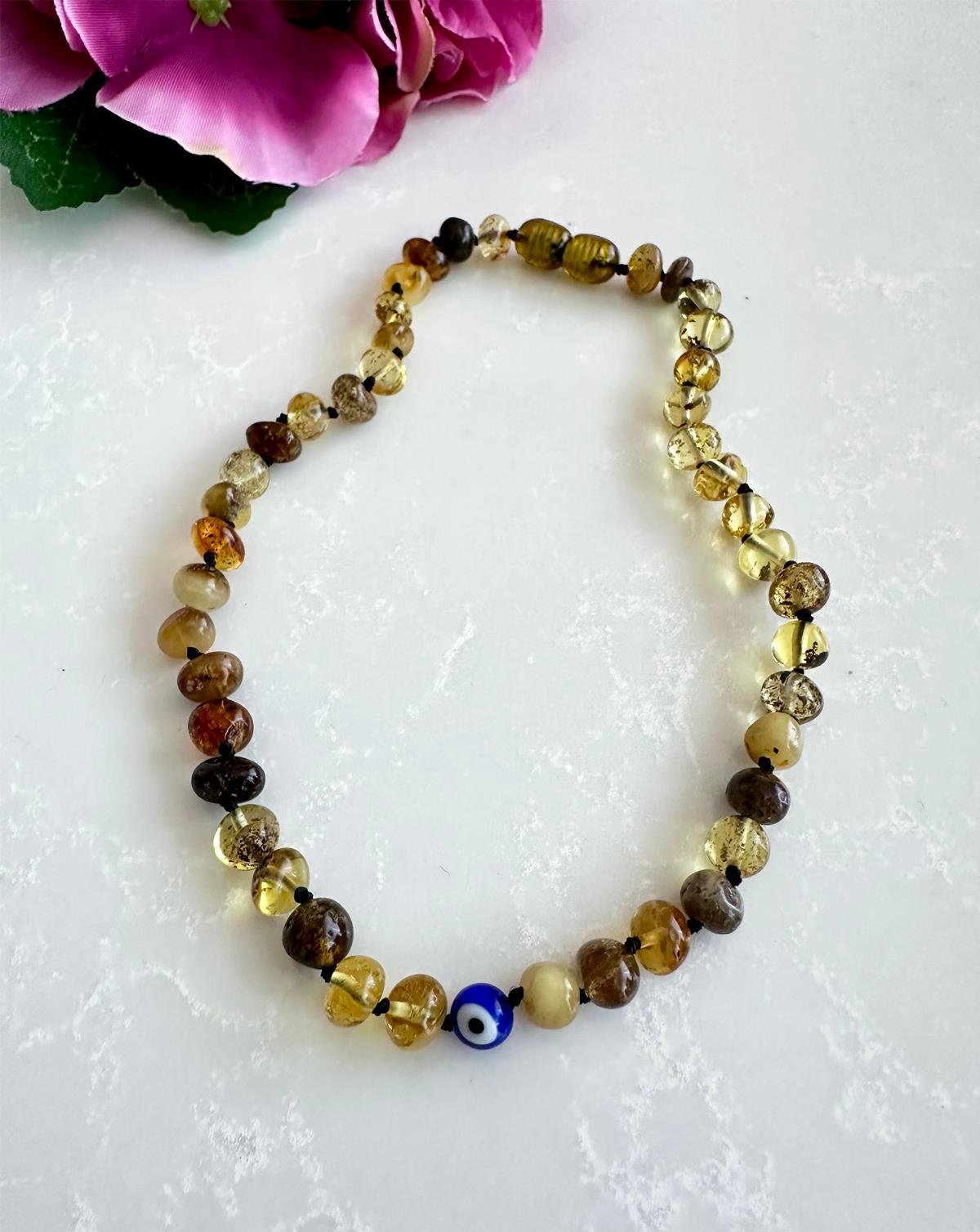 Nazar Boncuklu Koyu Yeşil Kehribar Kolye