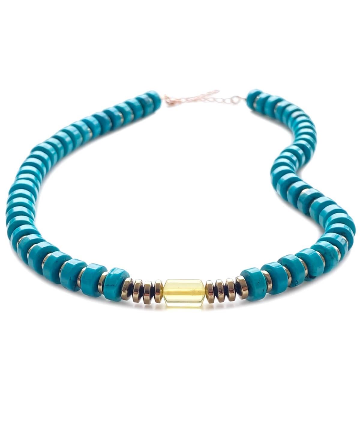 Turkuaz Hematit Taşlı Limon Rengi Kehribar Kolye