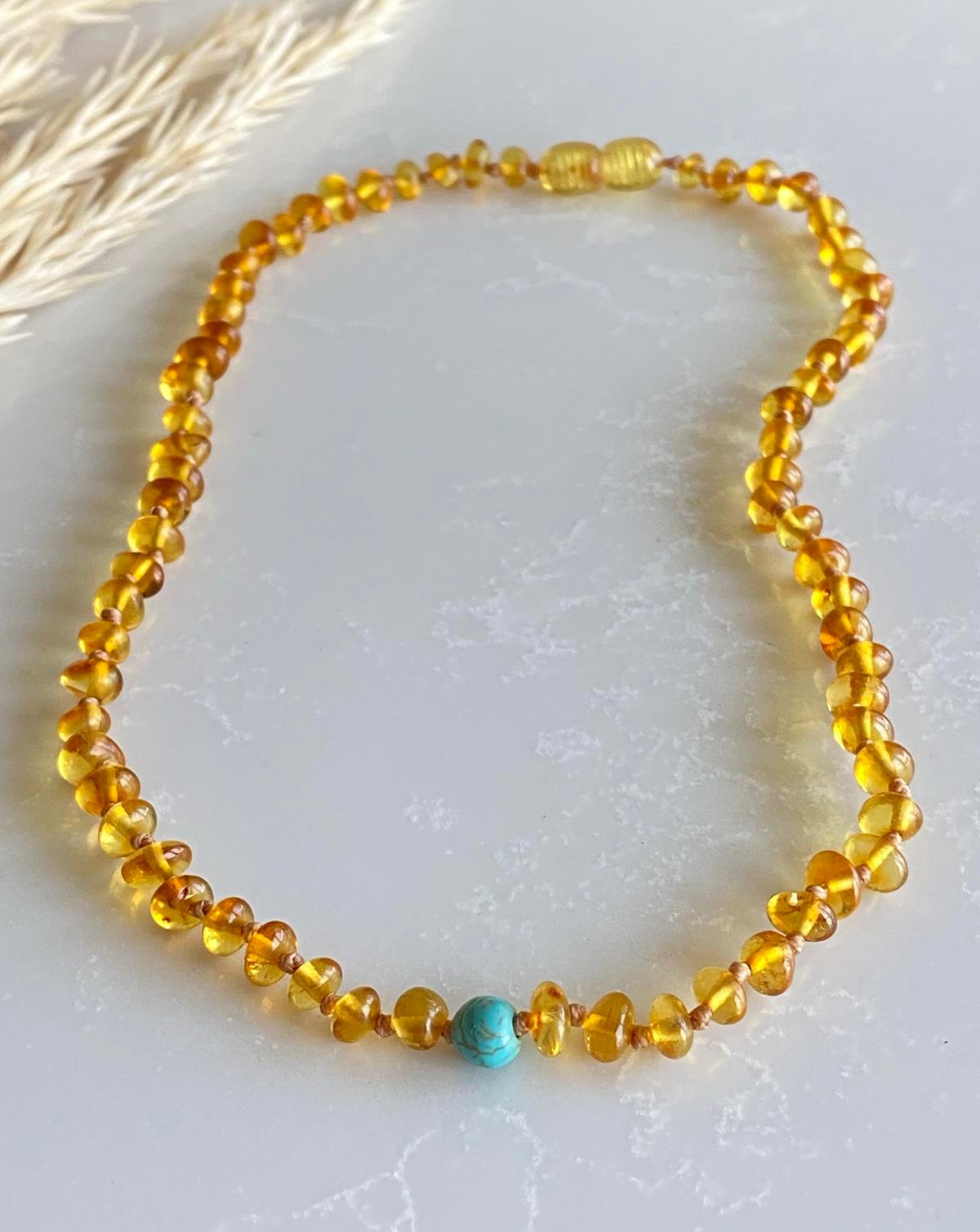 Turkuaz Taşlı Bal Rengi Kehribar Kolye