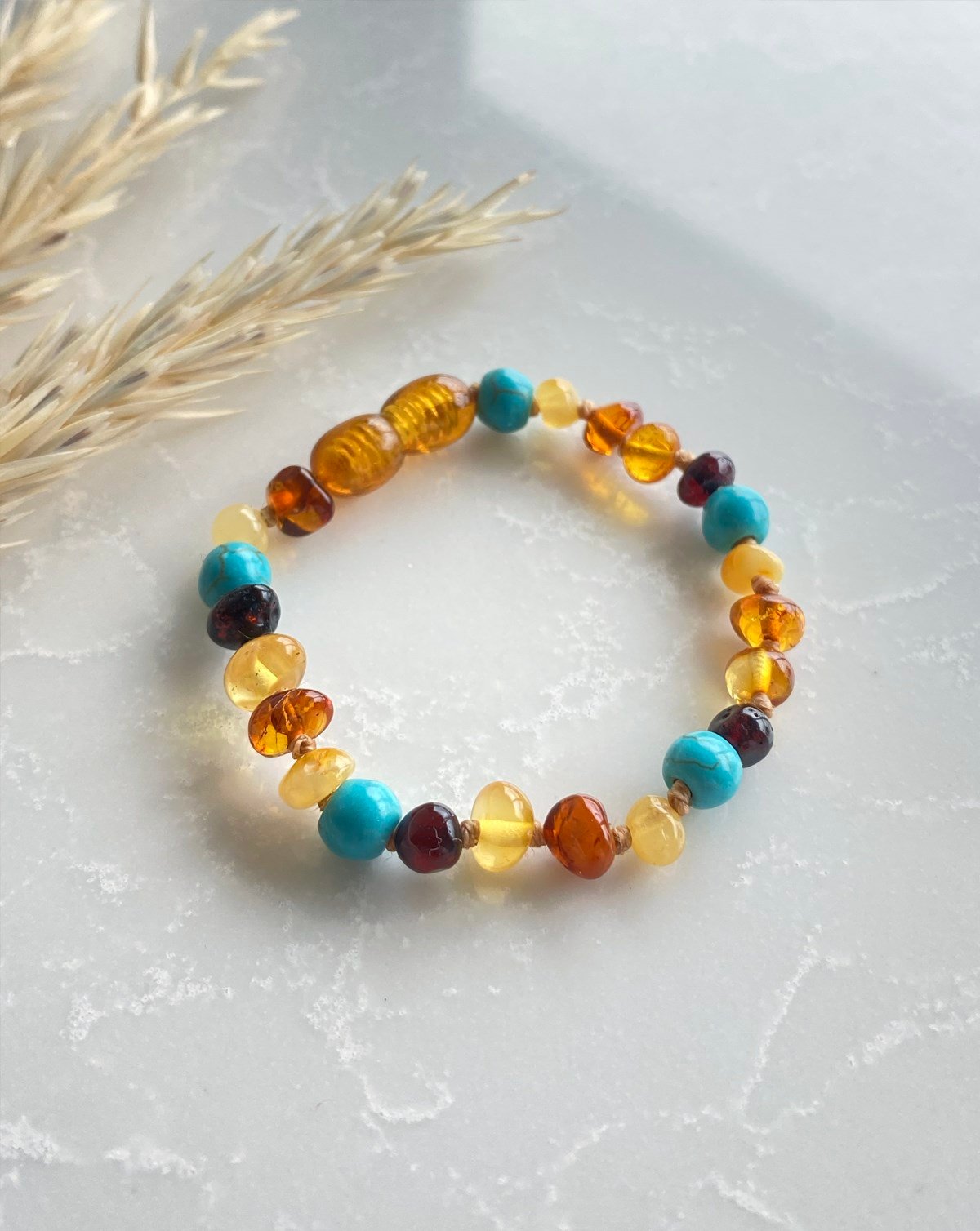 Turkuaz Taşlı Çok Renkli Kehribar Bileklik