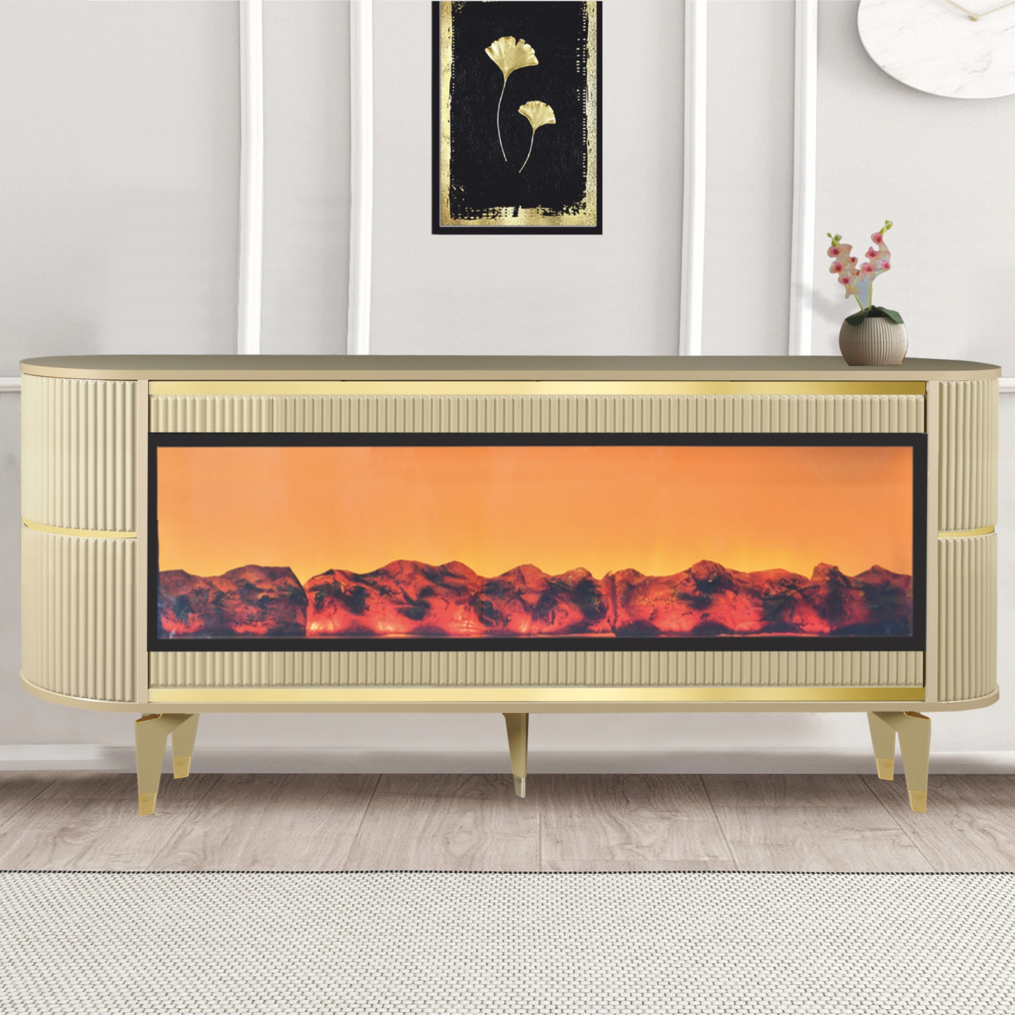 Delüx Şömineli TV Sehpası - Cappuccino - Gold