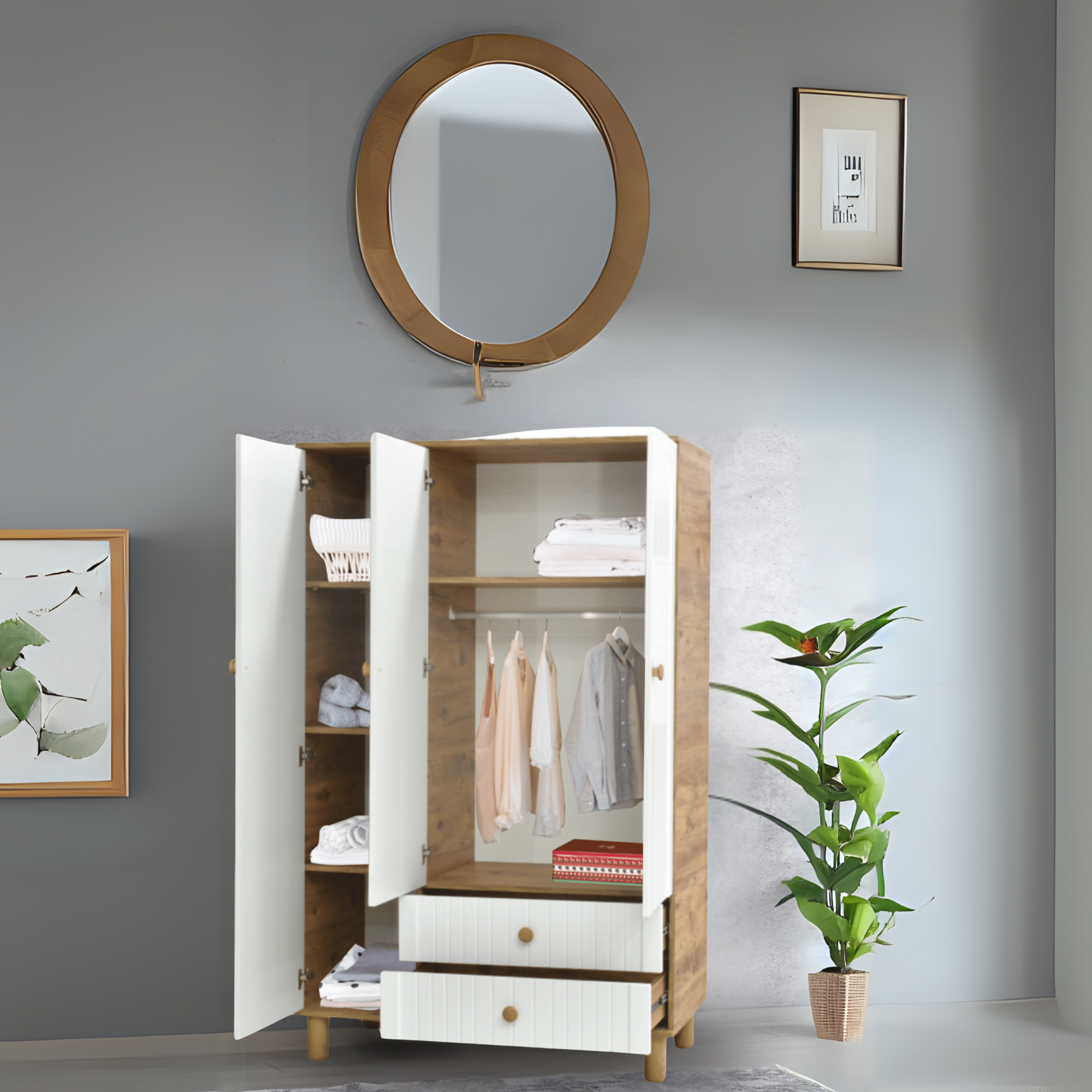Lidya 3 Kapılı Gardırop Atlantik Çam Beyaz Askılıklı Raflı Çekmeceli Dolap 120x50x195 cm