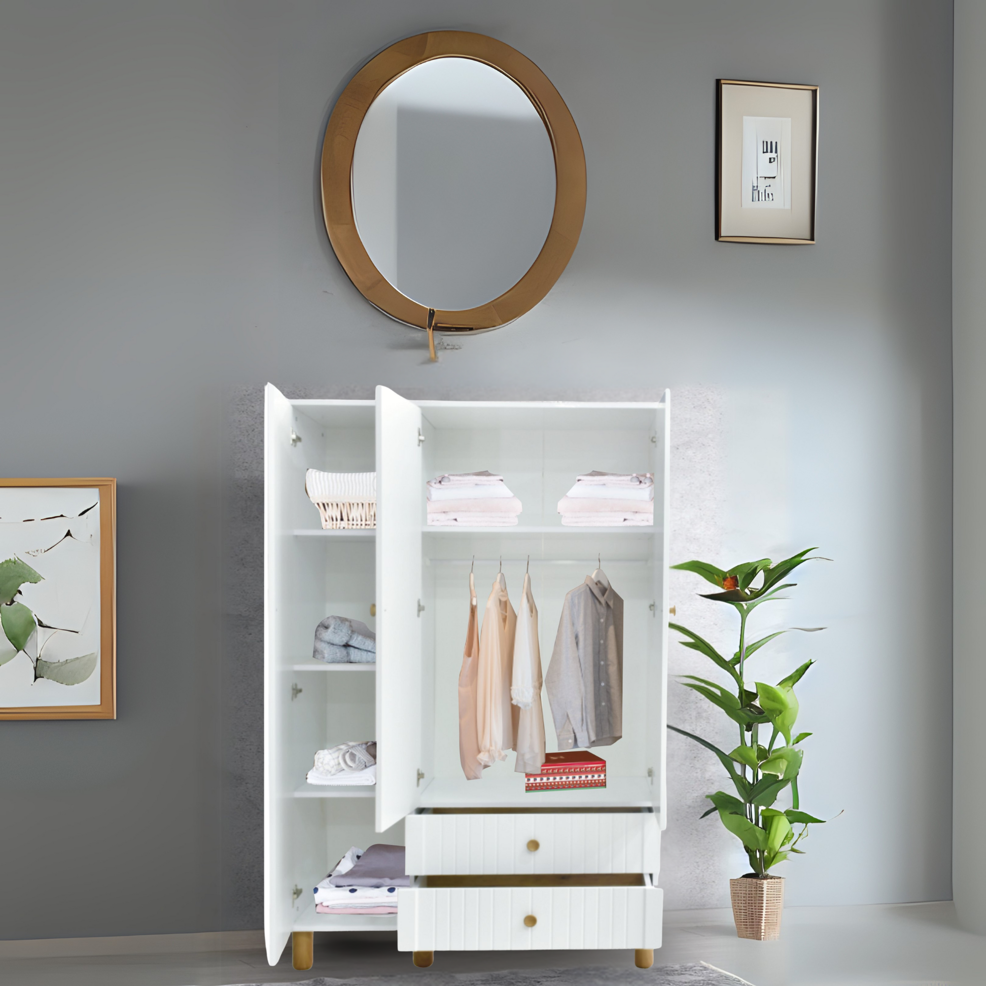 Lidya 3 Kapılı Gardırop Beyaz Askılıklı Raflı Çekmeceli Dolap 120x50x195 cm