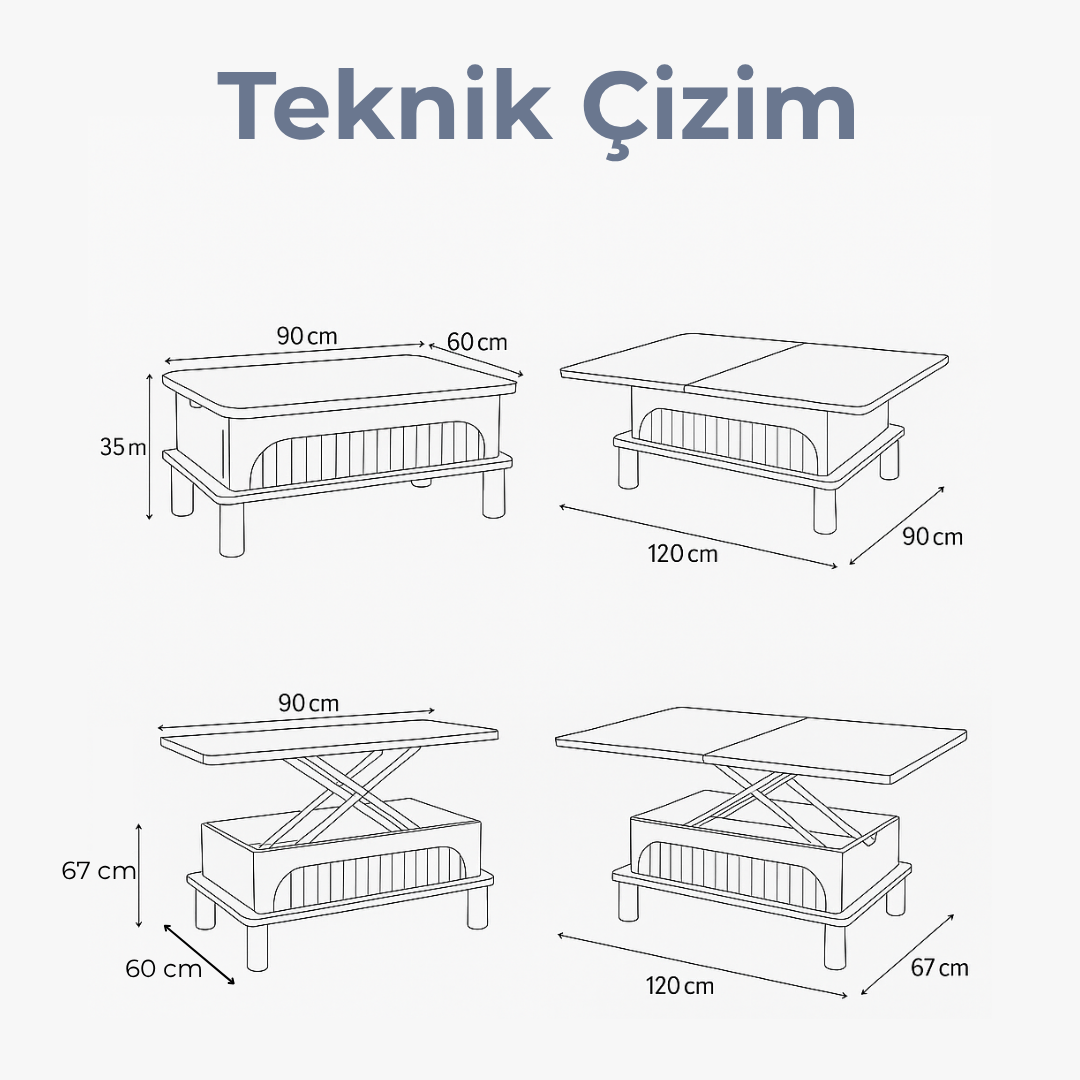 Lidya Akıllı Sehpa Beyaz Renkli Açılır Kapanır 4 Fonksiyonlu Mebran Tasarım 90x60 Cm