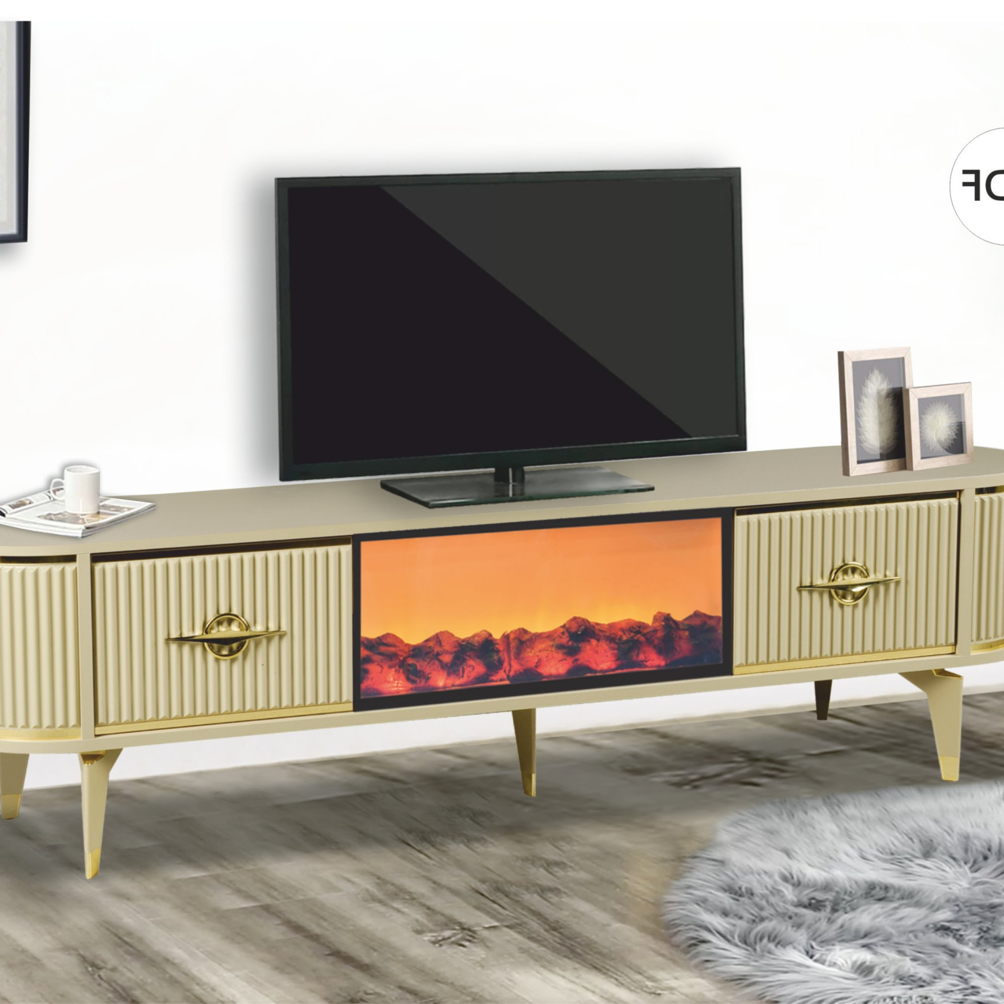 Maya Şömineli TV Sehpası - Cappuccino - Gold