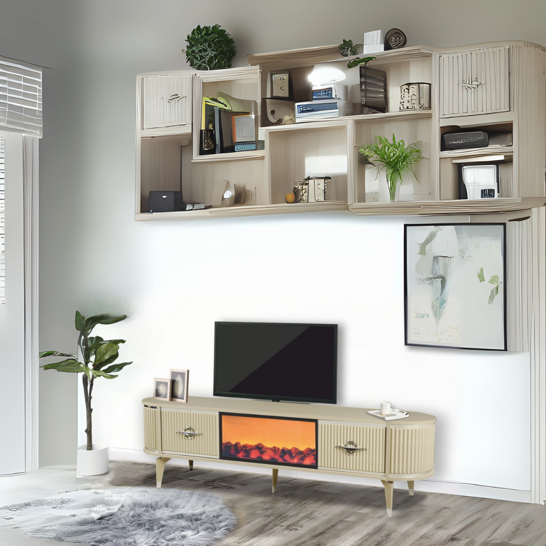 Maya Şömineli Tv Sehpası Cappuccino Gümüş Mebran Kapaklı 2 Kapaklı 180x40x50 Cm
