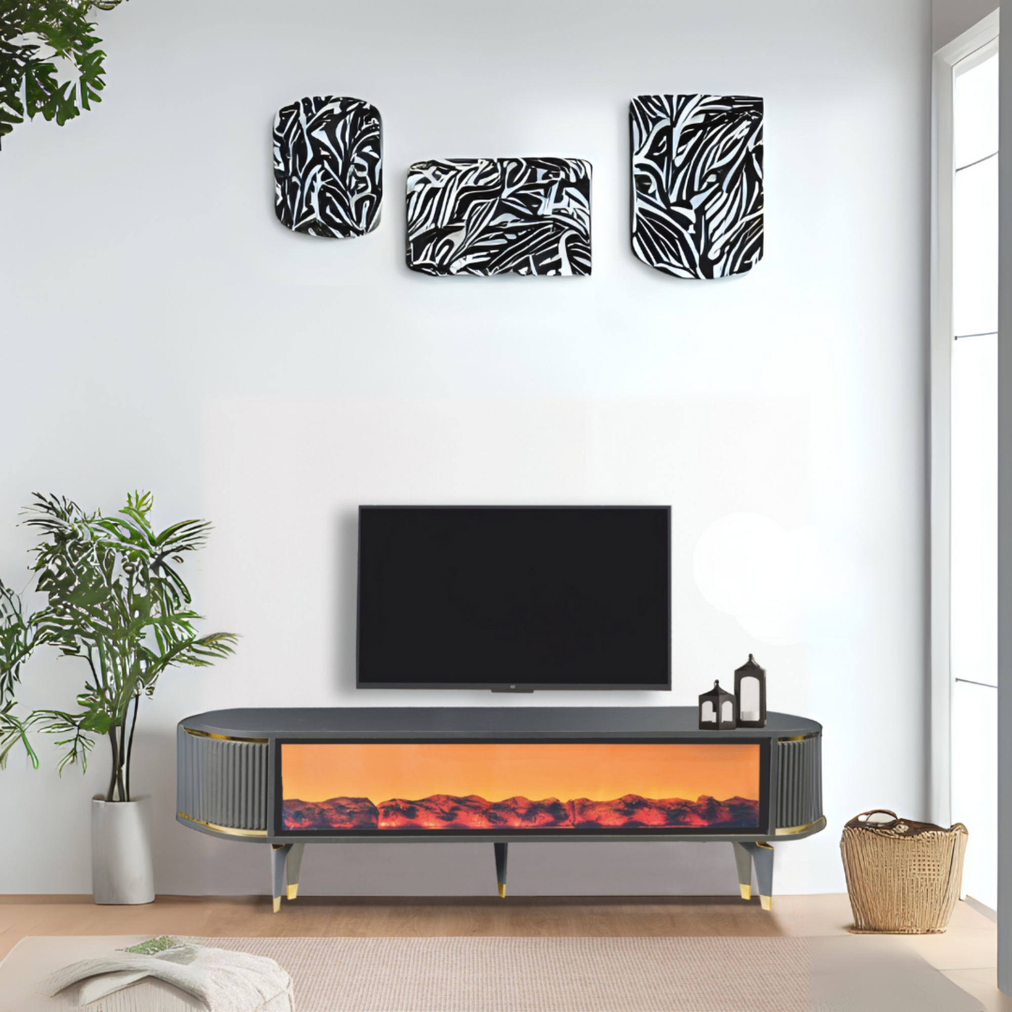 Talia Şömineli Tv Sehpası Antrasit Gold Mebran Bluetooth Hoparlörlü 7 Renk Efektli 160x40x50 Cm