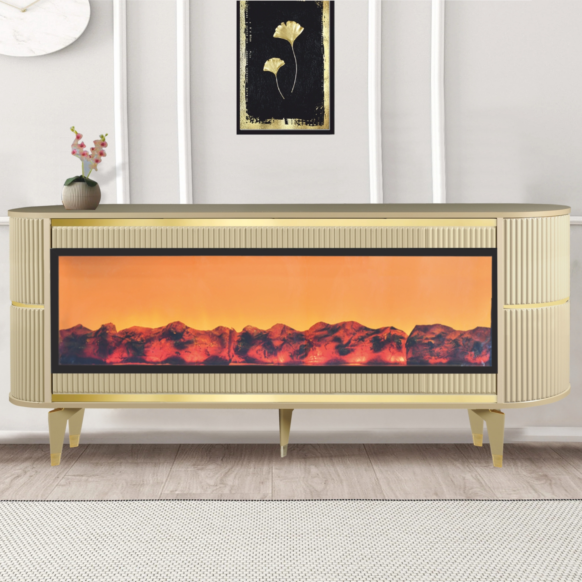 Trend Şömineli TV Sehpası - Cappuccino - Gold
