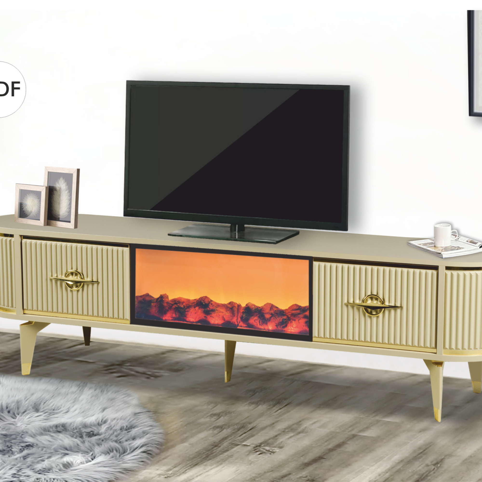 Vina Şömineli TV Sehpası - Cappuccino - Gold