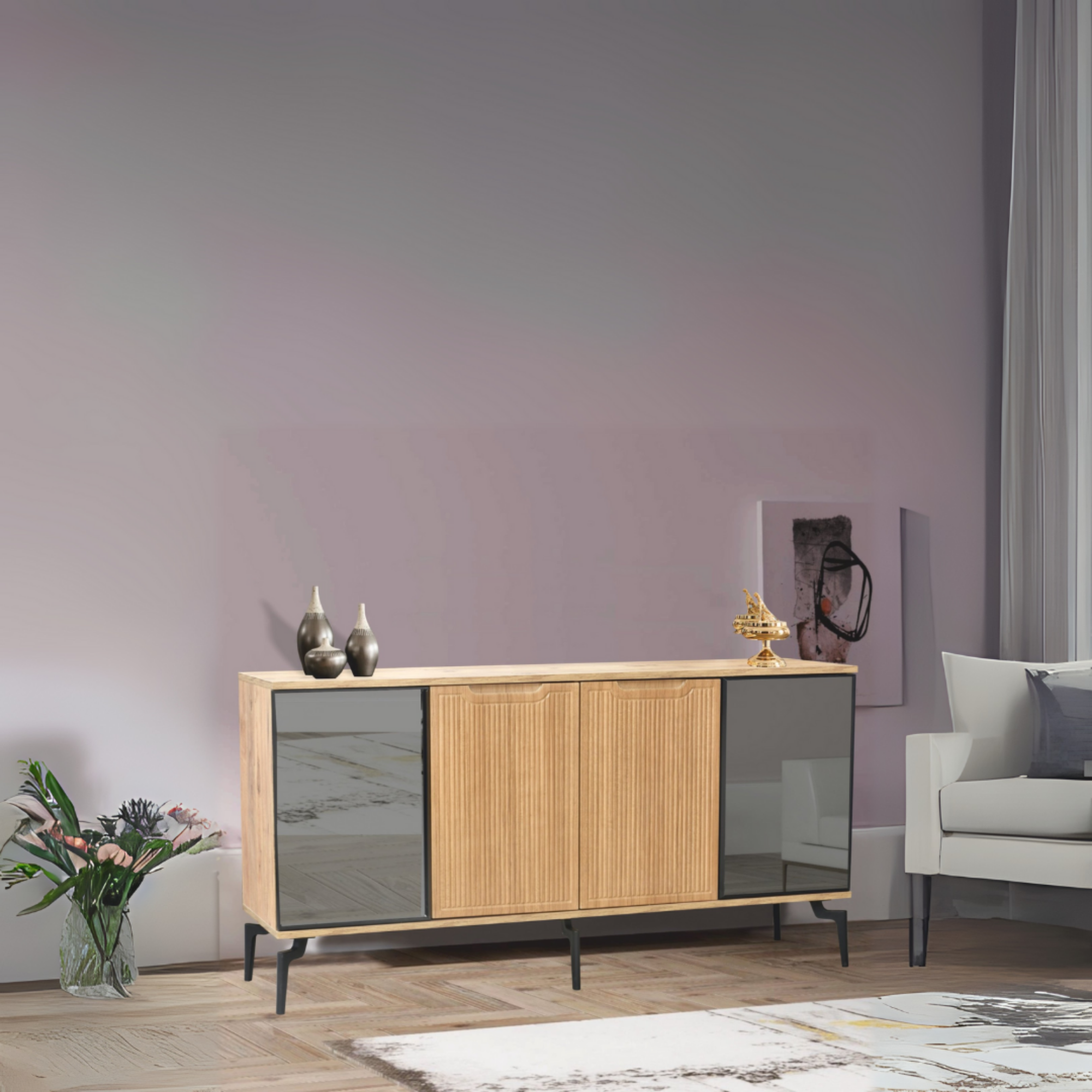Viva Camlı Konsol Atlantik Çam Aynalı 4 Kapaklı Raflı 160x80x43,5 Cm