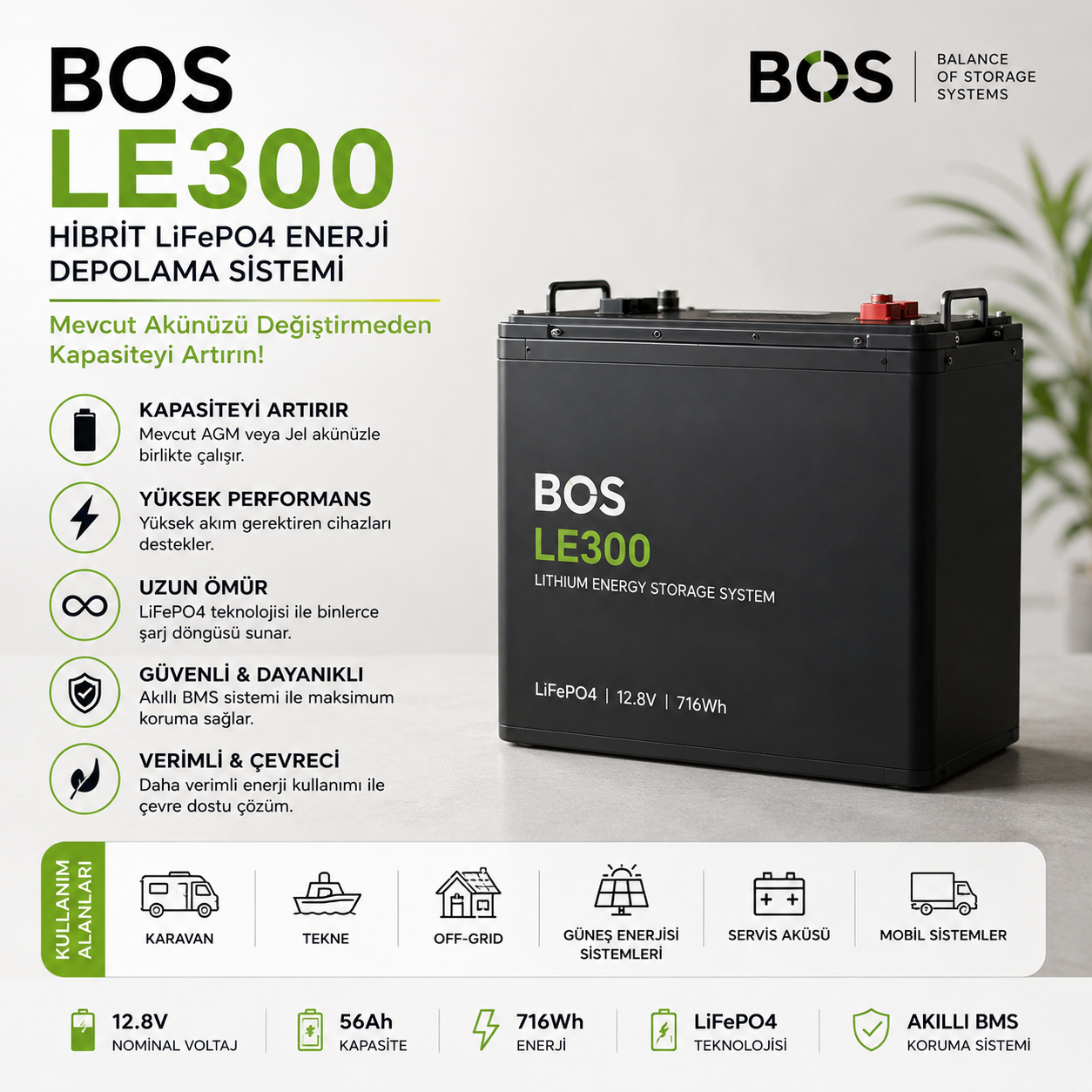 BOS LE300 Hibrit LiFePO4 Enerji Depolama Sistemi AGM ve Jel Akü Güçlendirme Çözümü