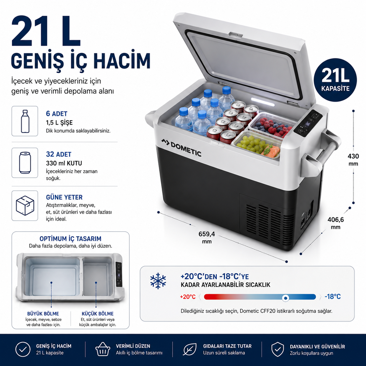Dometic CFF20 21 litre geniş iç hacimli taşınabilir kompresörlü araç buzdolabı
