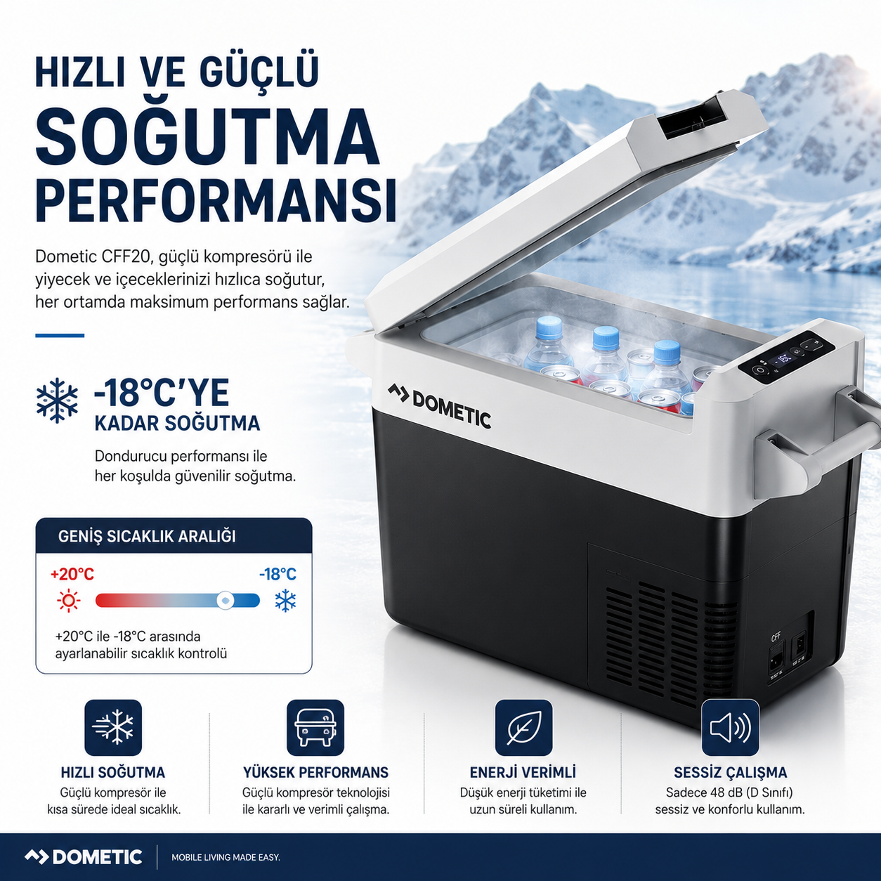 Dometic CFF20 kompresörlü araç buzdolabı güçlü soğutma performansı ve -18°C sıcaklık kapasitesi