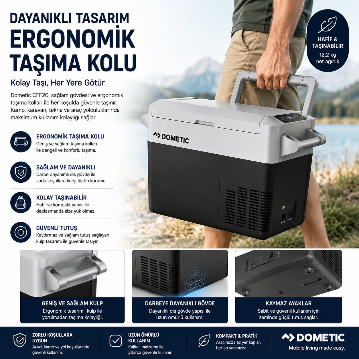 Dometic CFF20 ergonomik taşıma koluna sahip dayanıklı kompresörlü araç buzdolabı