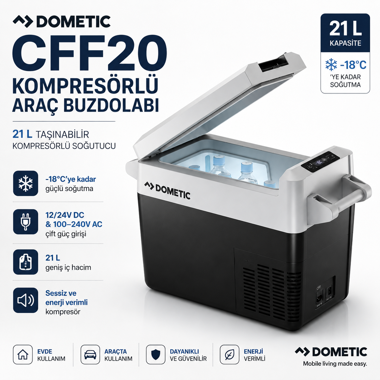 Dometic CFF20 21L kompresörlü araç buzdolabı -18°C'ye kadar soğutma sağlayan taşınabilir oto buzdolabı
