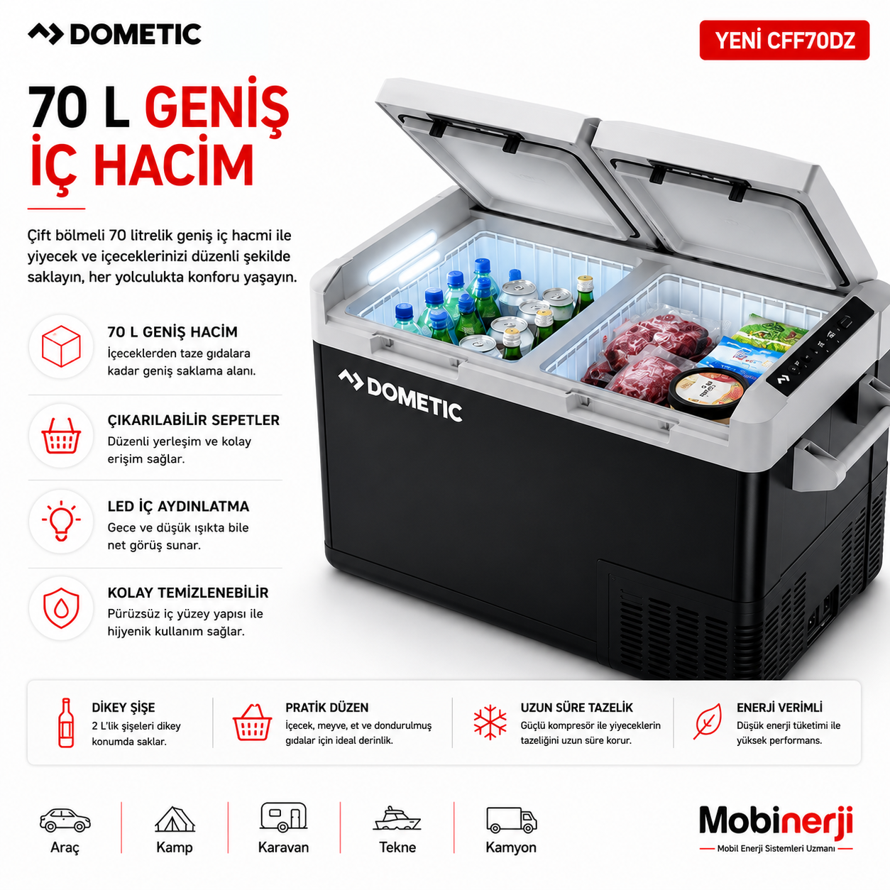 Dometic CFF70DZ LED iç aydınlatma sistemi ile kolay kullanım