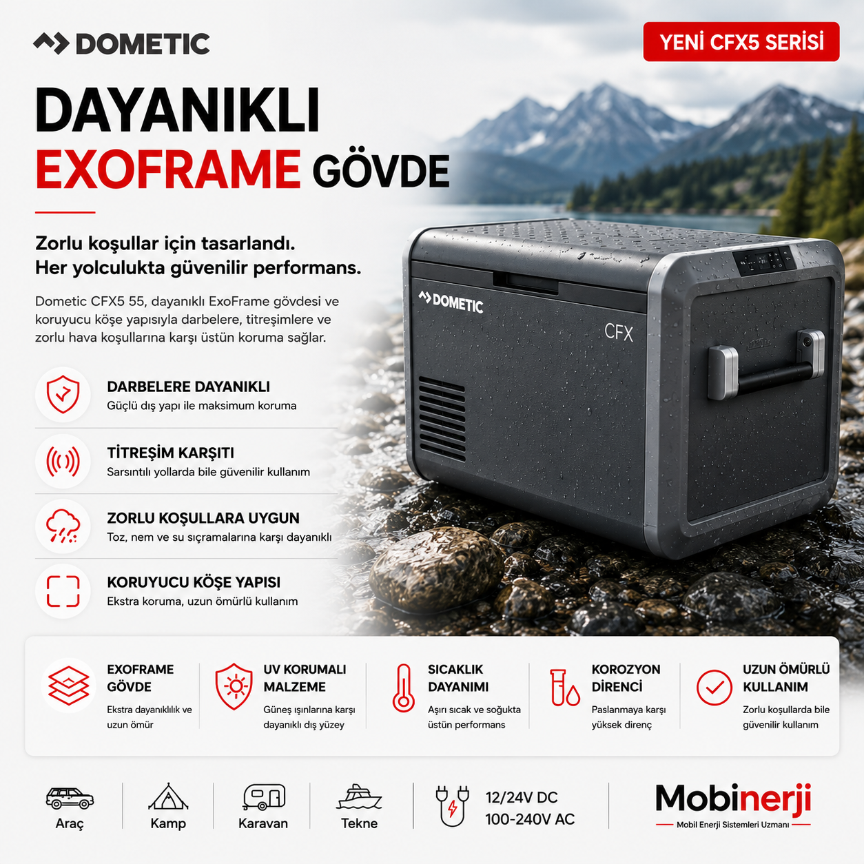 Dometic CFX5 55 dayanıklı ExoFrame gövde yapısı ve açık hava kullanımı