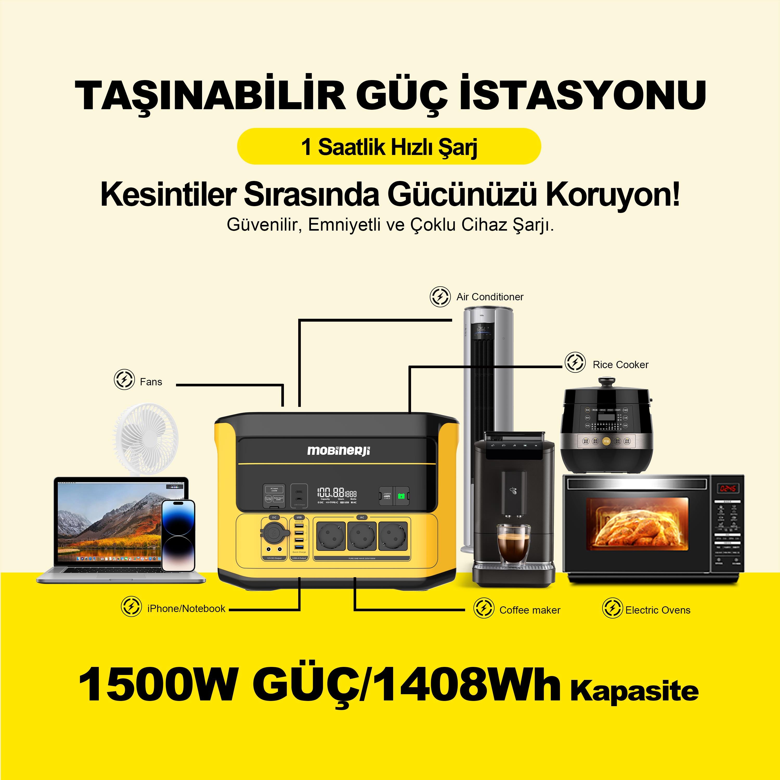 HIZLI ŞARJ Mobinerji 1500W Taşınabilir Güç Kaynağı