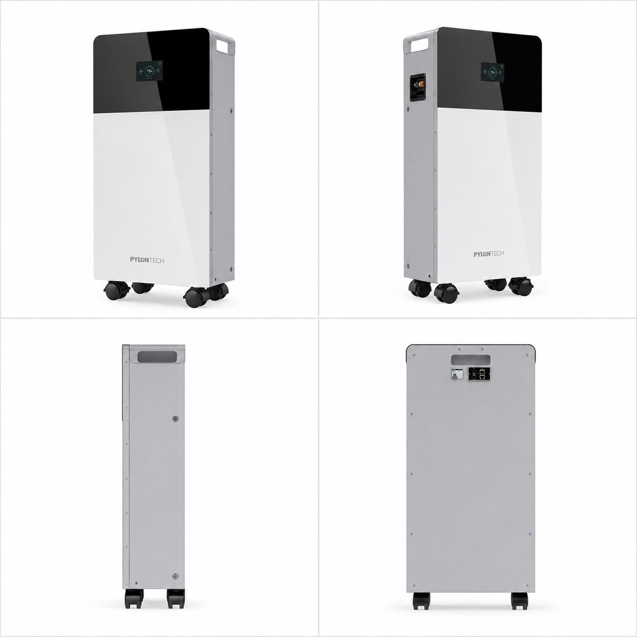 Pylontech Fidus Battery Plus 16.07 kWh LiFePO4 enerji depolama bataryasının ön, yan ve arka görünüşlerini gösteren ürün görselleri.