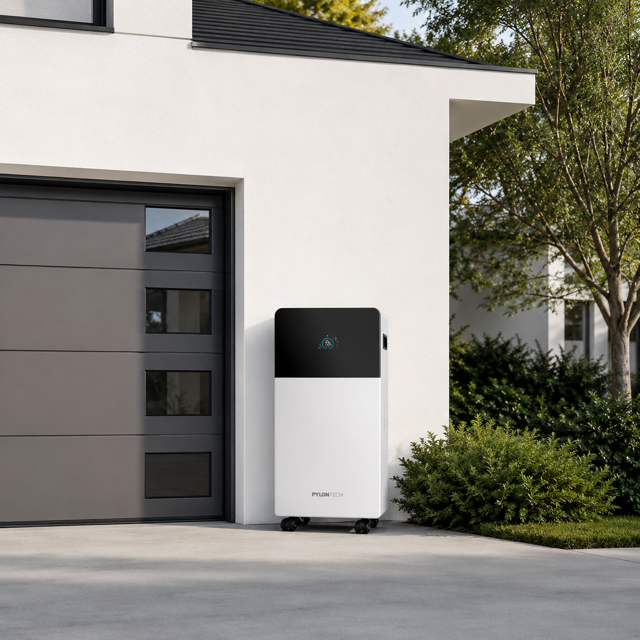 Pylontech Fidus Battery Plus 16.07 kWh LiFePO4 ev tipi enerji depolama bataryası, güneş enerji sistemi ile modern villa uygulaması.
