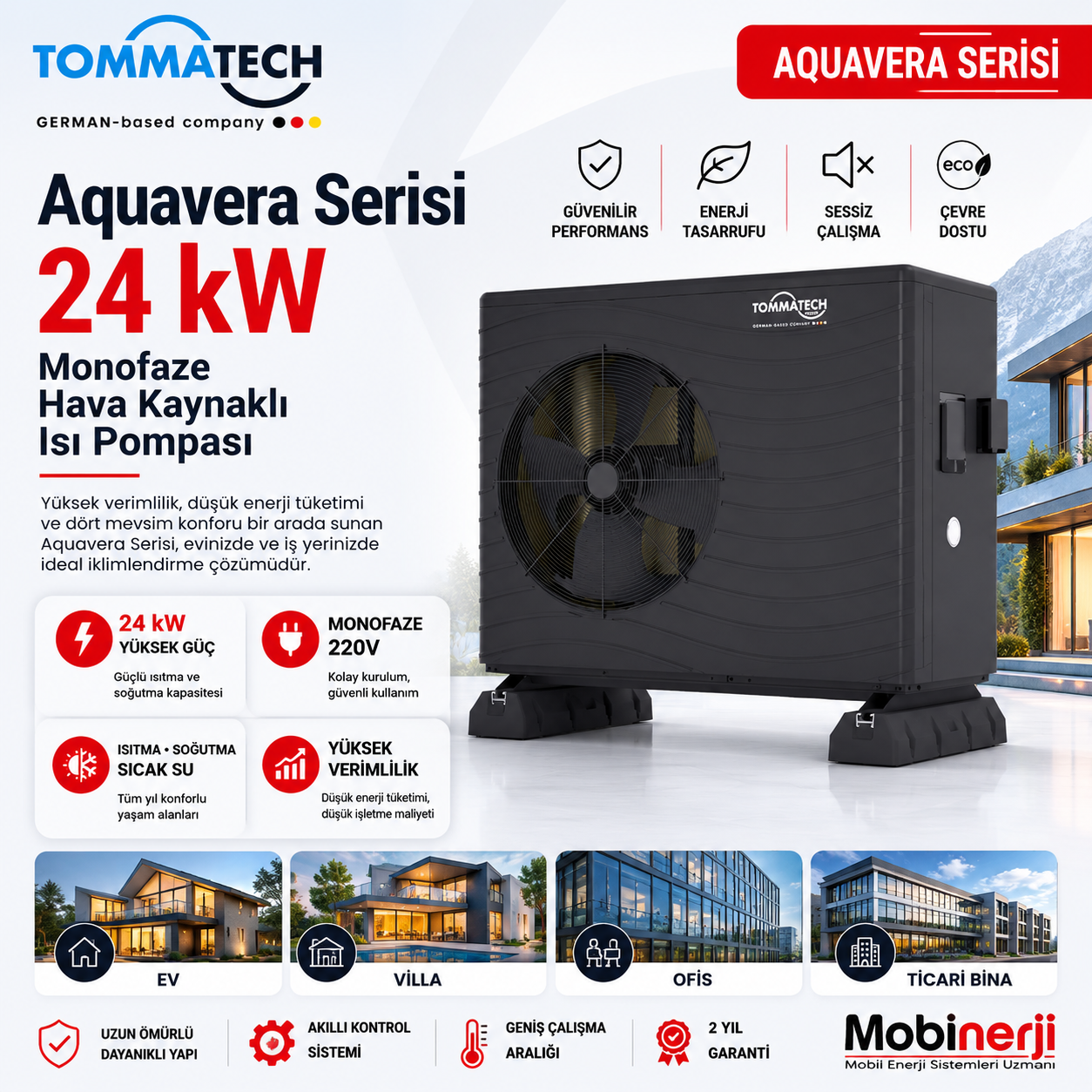 TommaTech Aquavera Serisi 24 kW monofaze hava kaynaklı ısı pompası yan açıdan görünüm