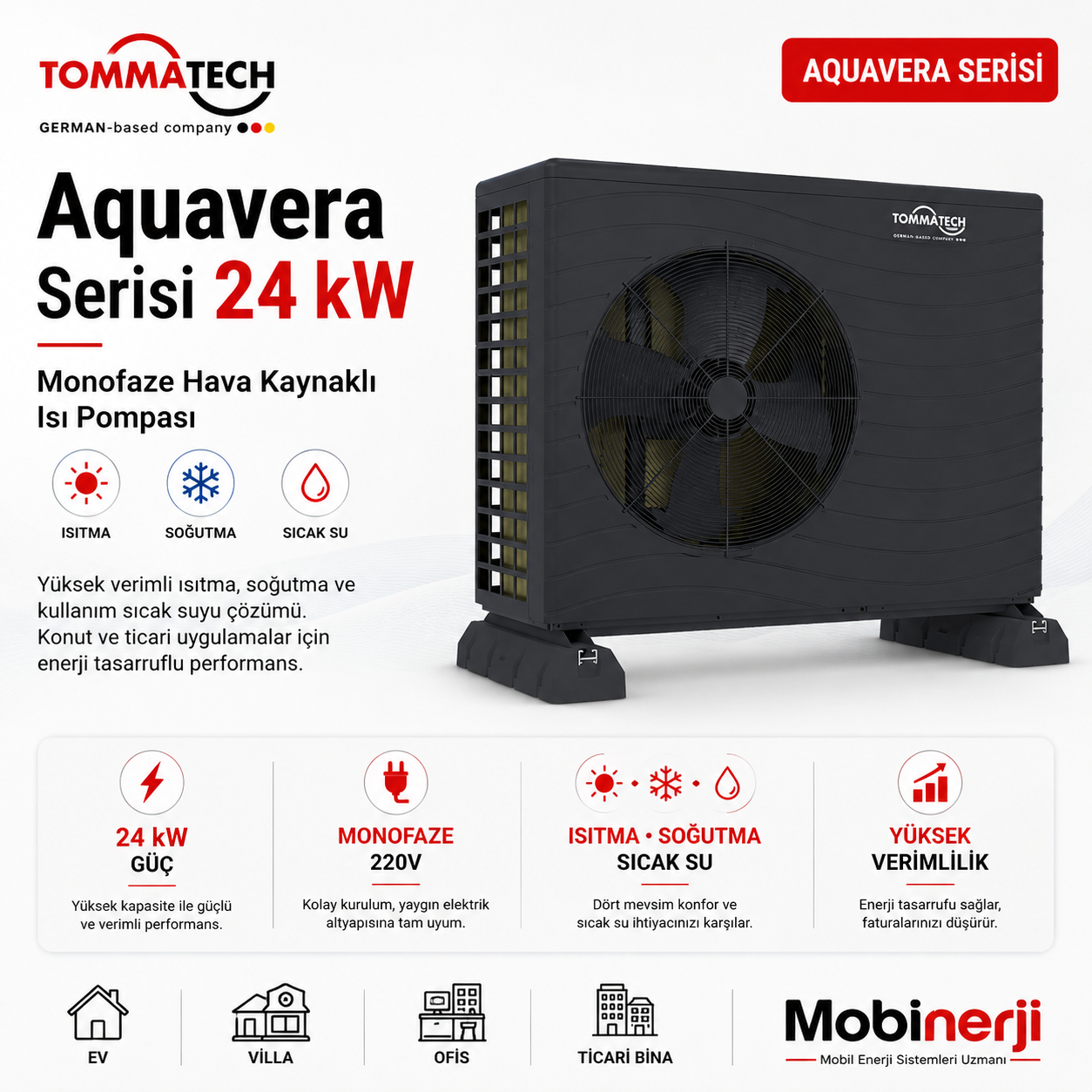TommaTech Aquavera Serisi 24 kW monofaze hava kaynaklı ısı pompası ürün görseli