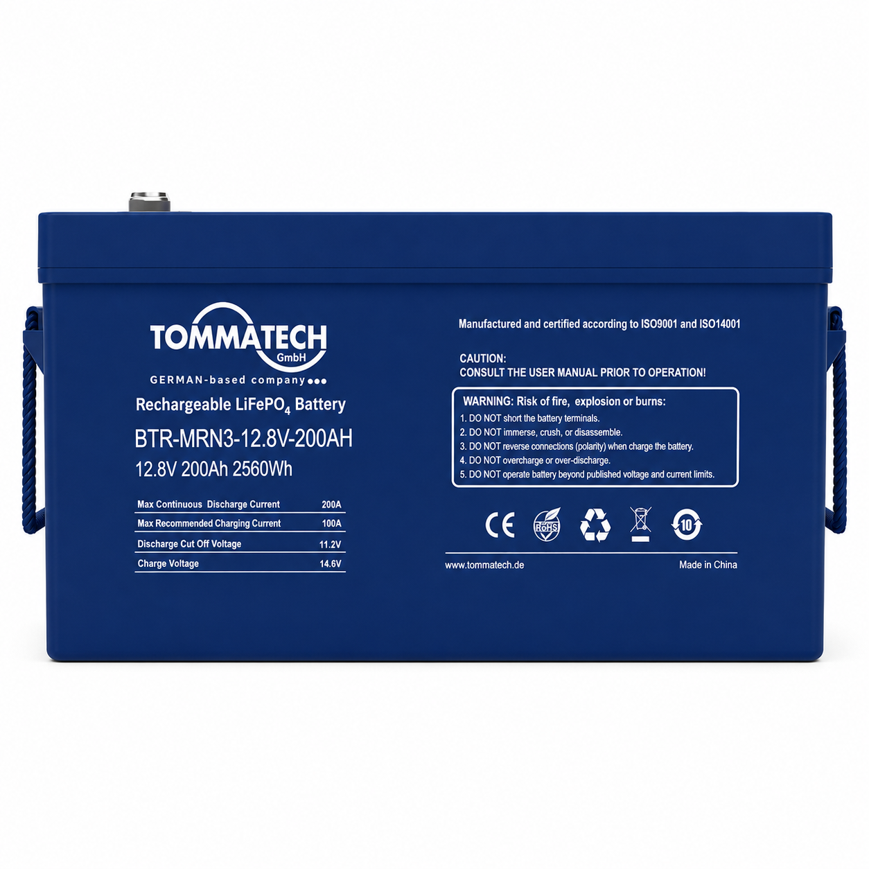 Tommatech Marine ABS Kasa Batarya 12.8V 200Ah LFP Lityum Batarya önden görünüm