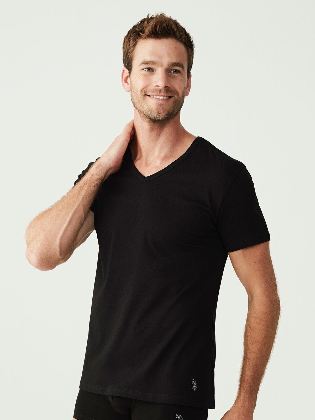 U.S. Polo Assn. Erkek Siyah 2 li V Yaka T-shırt  - US.01.90001 140